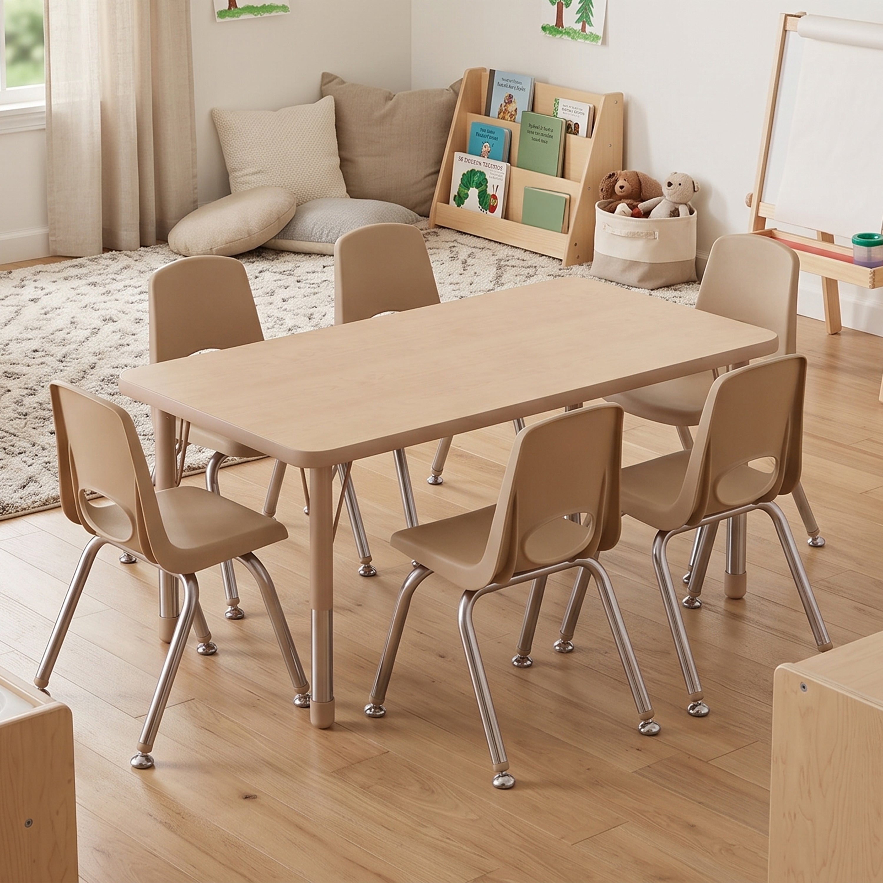 A light wood classroom table with six matching beige plastic chairs with silver metal legs, arranged in a bright, modern children's room.