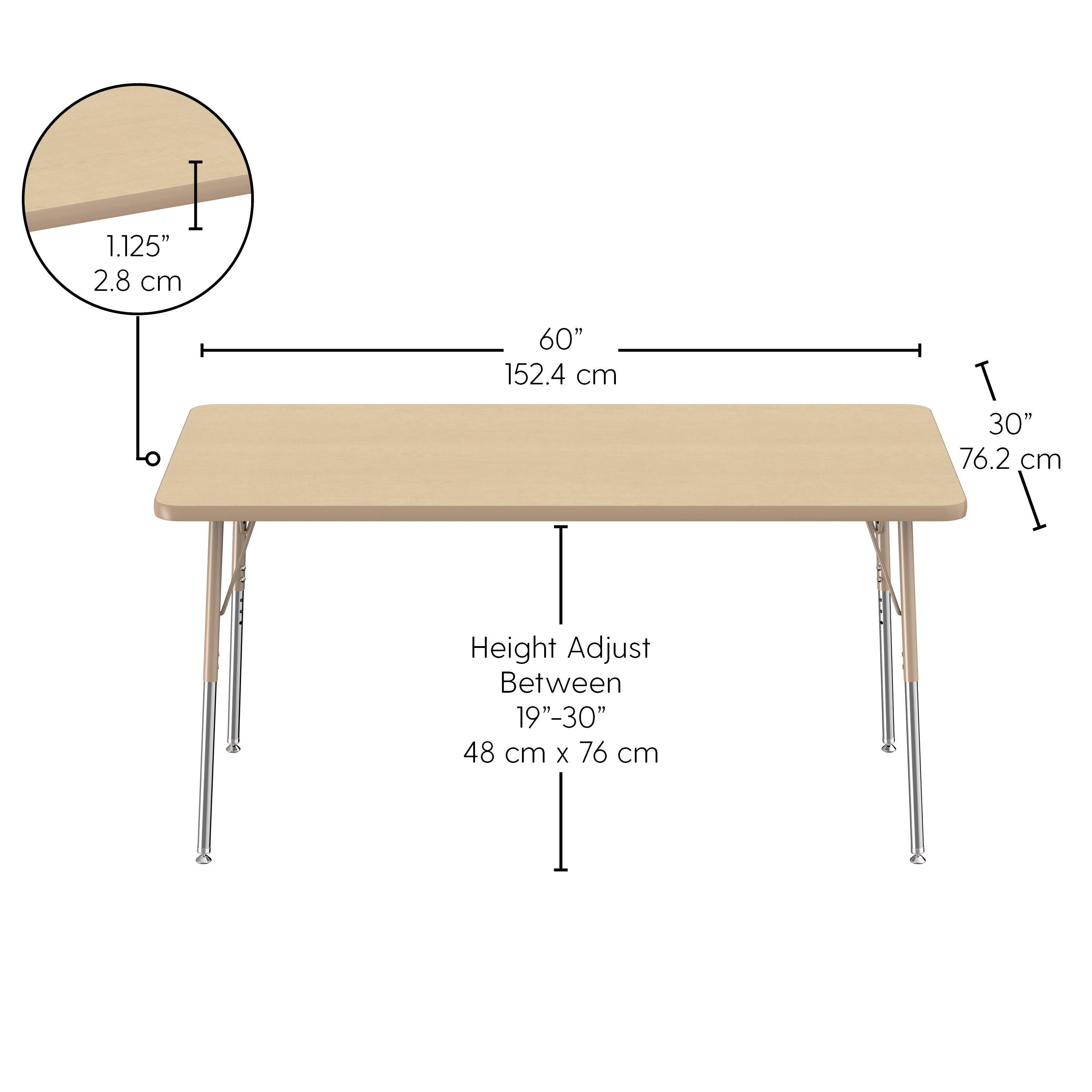 Beige rectangular table with dimensions and height adjustment details on a white background