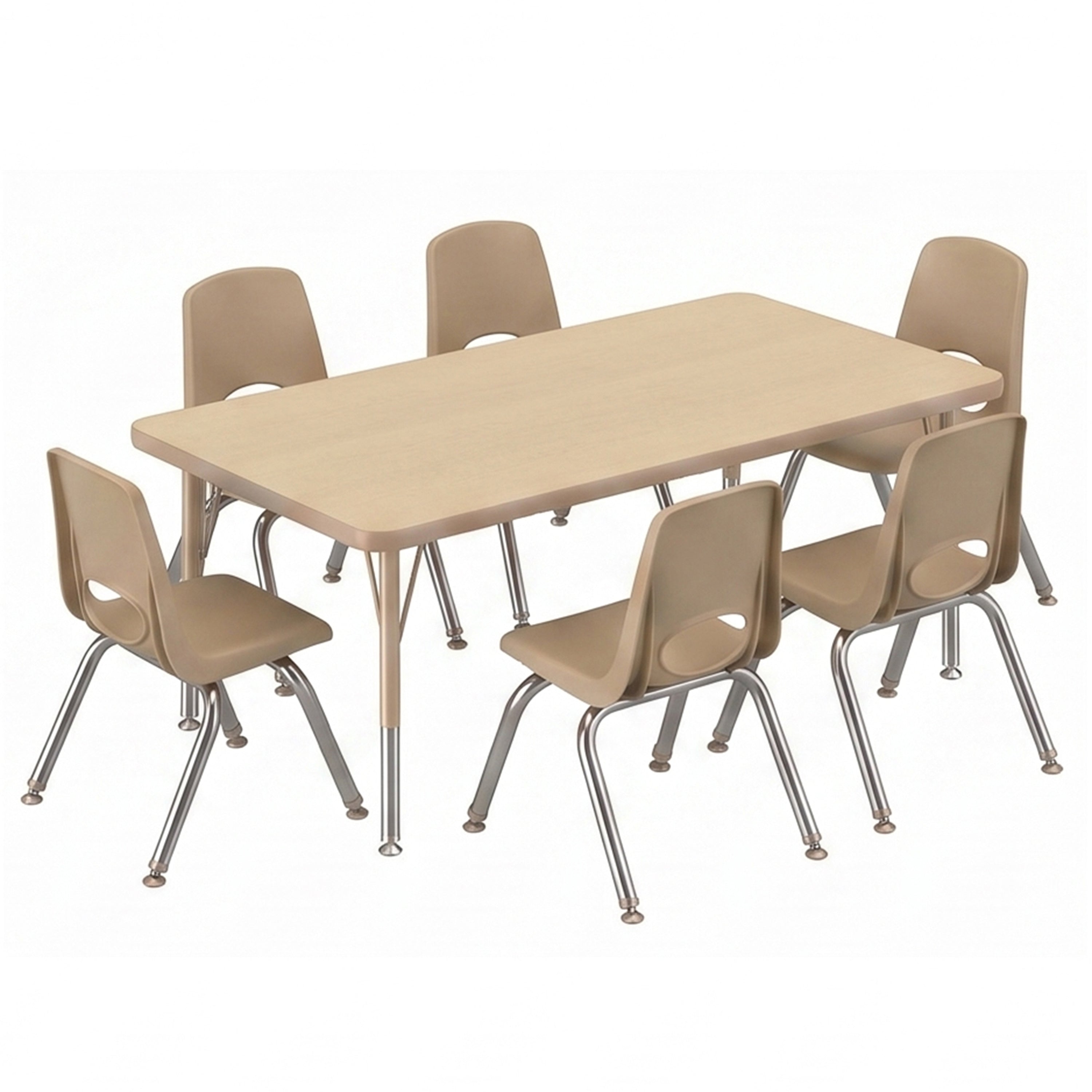 A light wood classroom table with six beige plastic chairs featuring silver metal legs, shown on a solid white background.