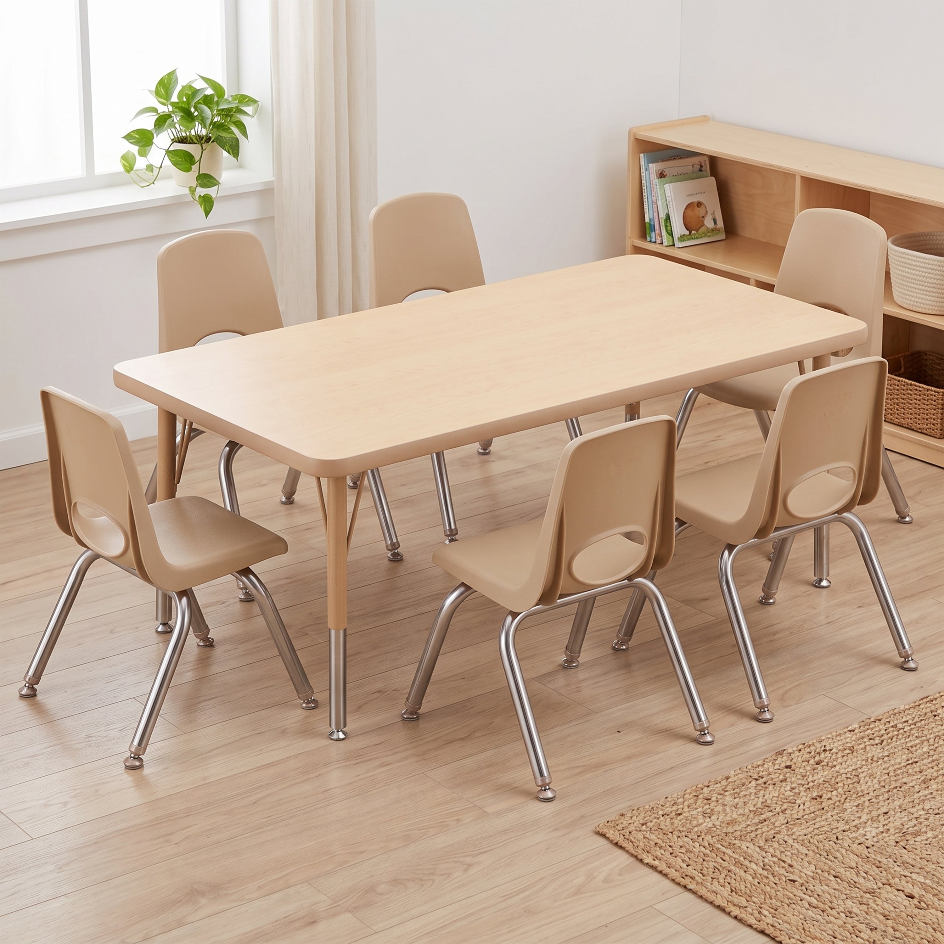 A light wood classroom table with six matching plastic chairs, shown in a bright, modern classroom setting with a window, plant, and wooden storage shelf.