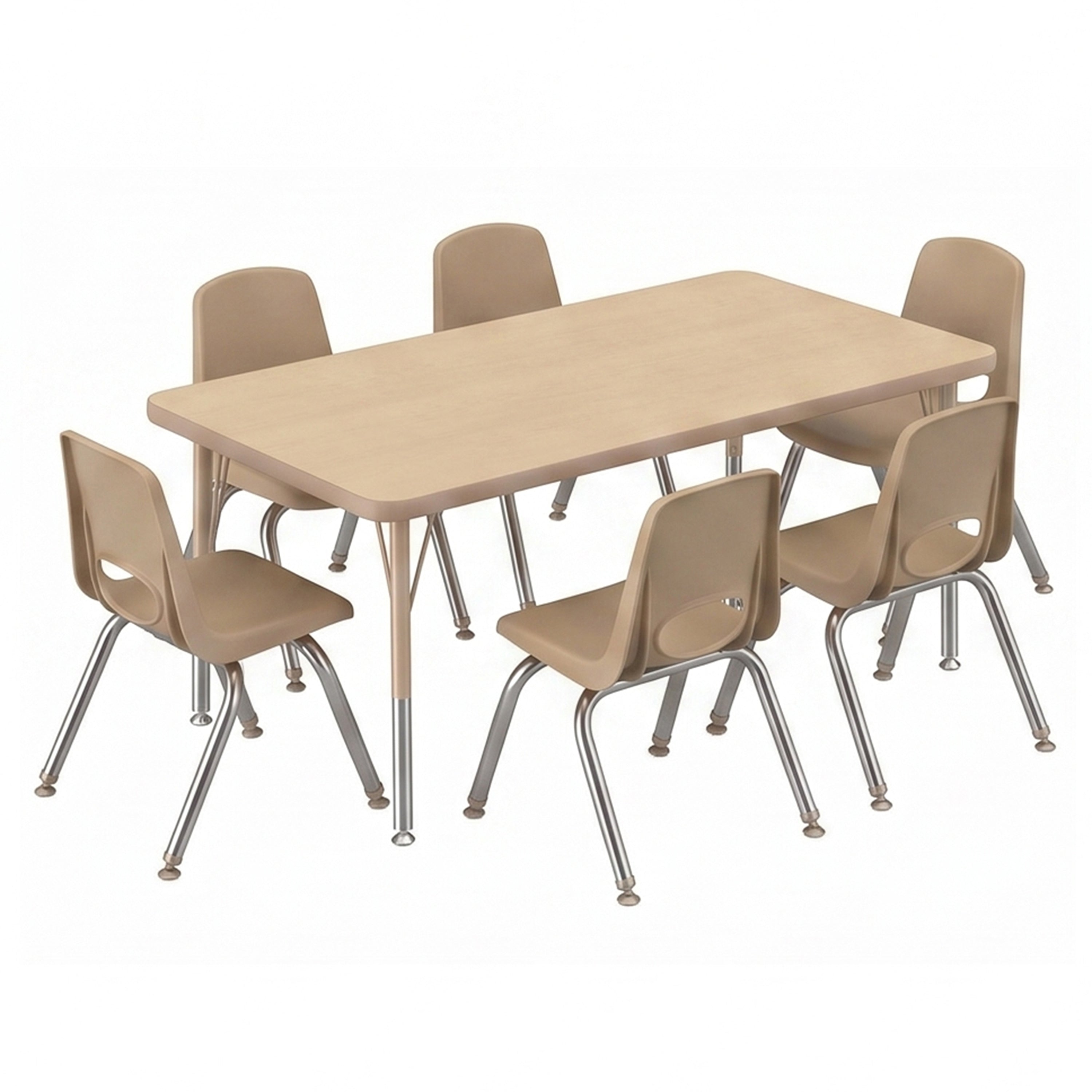 A classroom furniture set featuring a rectangular light wood table surrounded by six matching chairs with beige plastic seats and backs and chrome metal legs, shown on a plain white background.