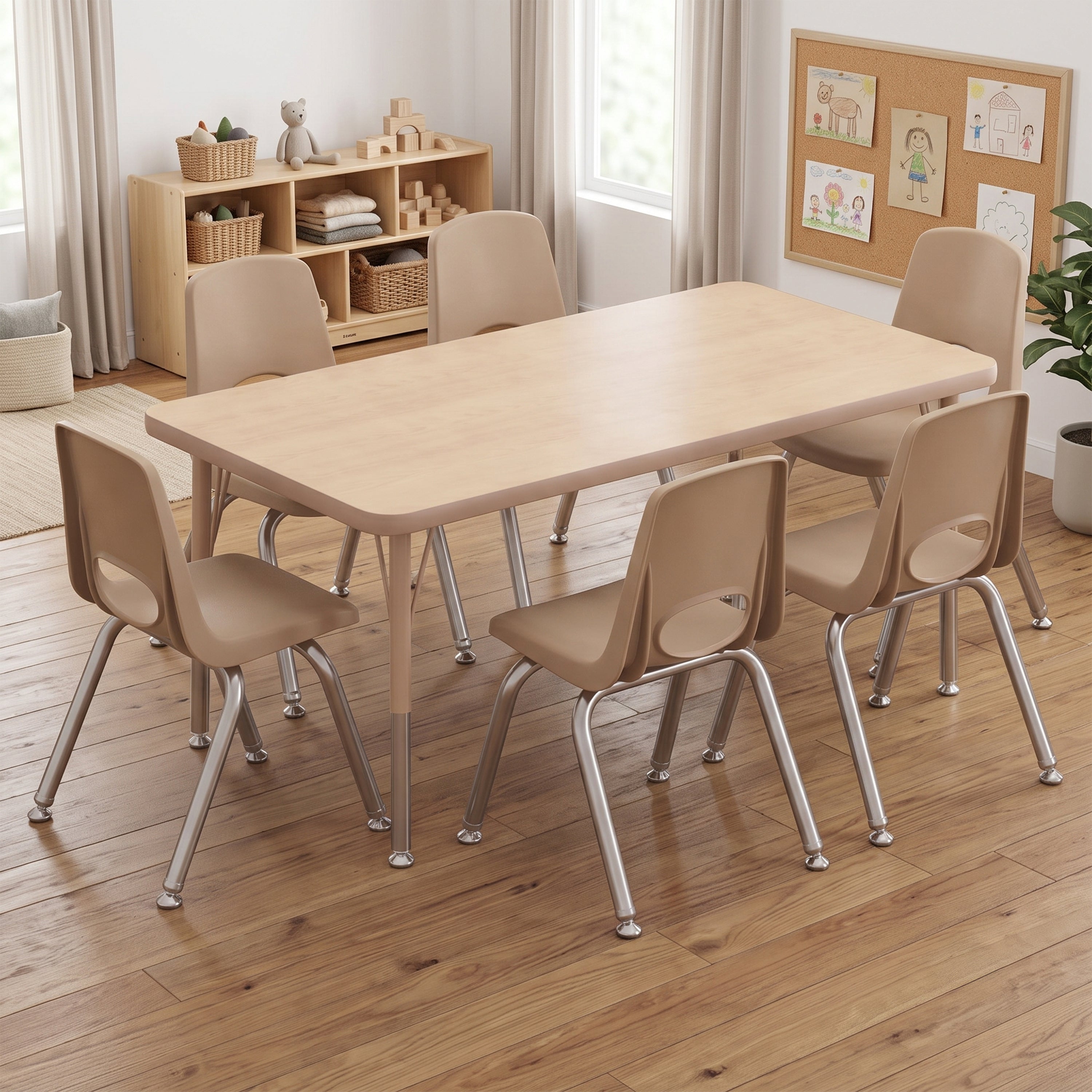 A light wood classroom table with six beige plastic chairs featuring silver metal legs, shown in a bright, modern children's classroom with wooden floors and shelves in the background.
