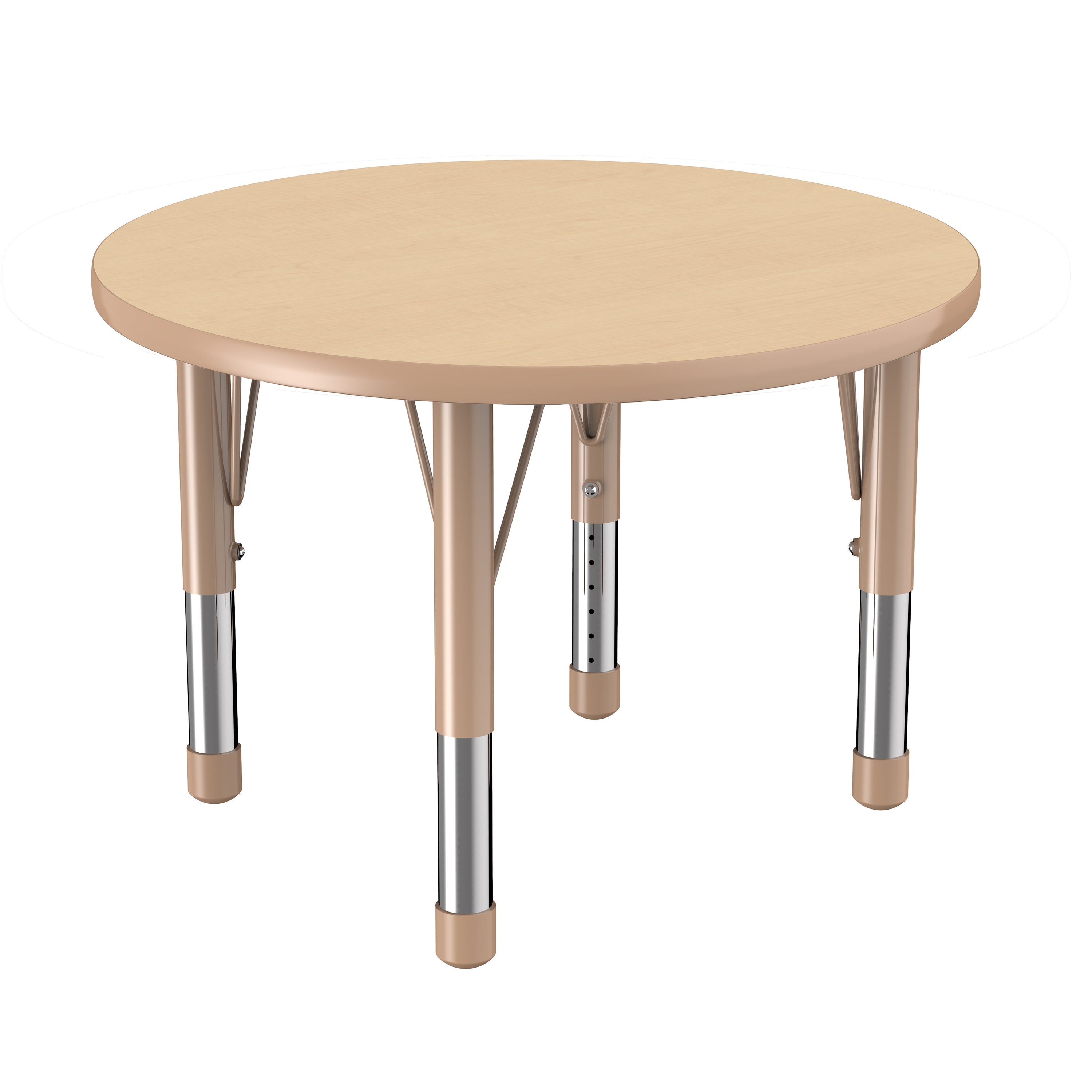 Round wooden table with metal legs on a white background