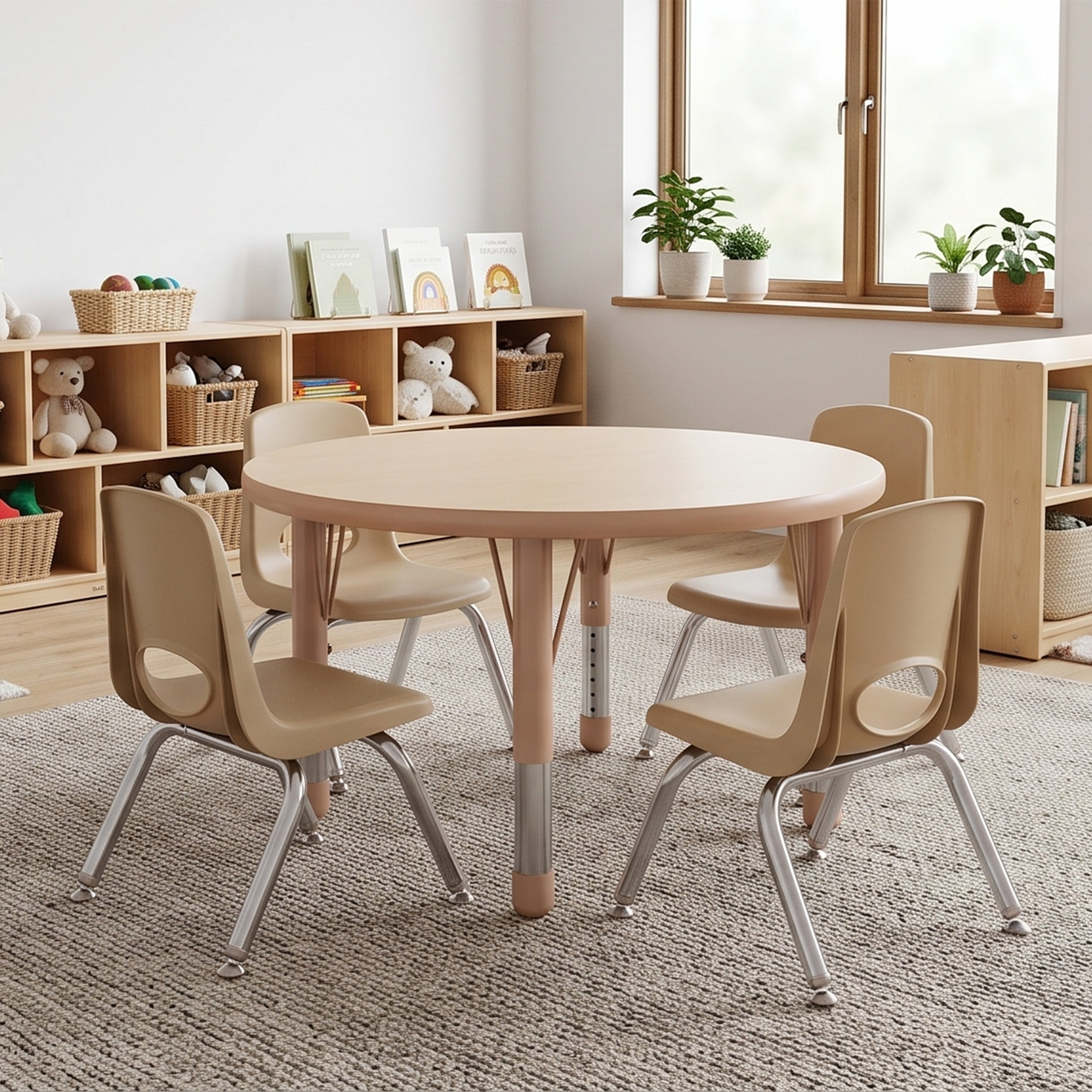 A round light wood children's table with four matching beige chairs with silver metal legs, set in a bright, modern children's room with wooden shelves and plants.