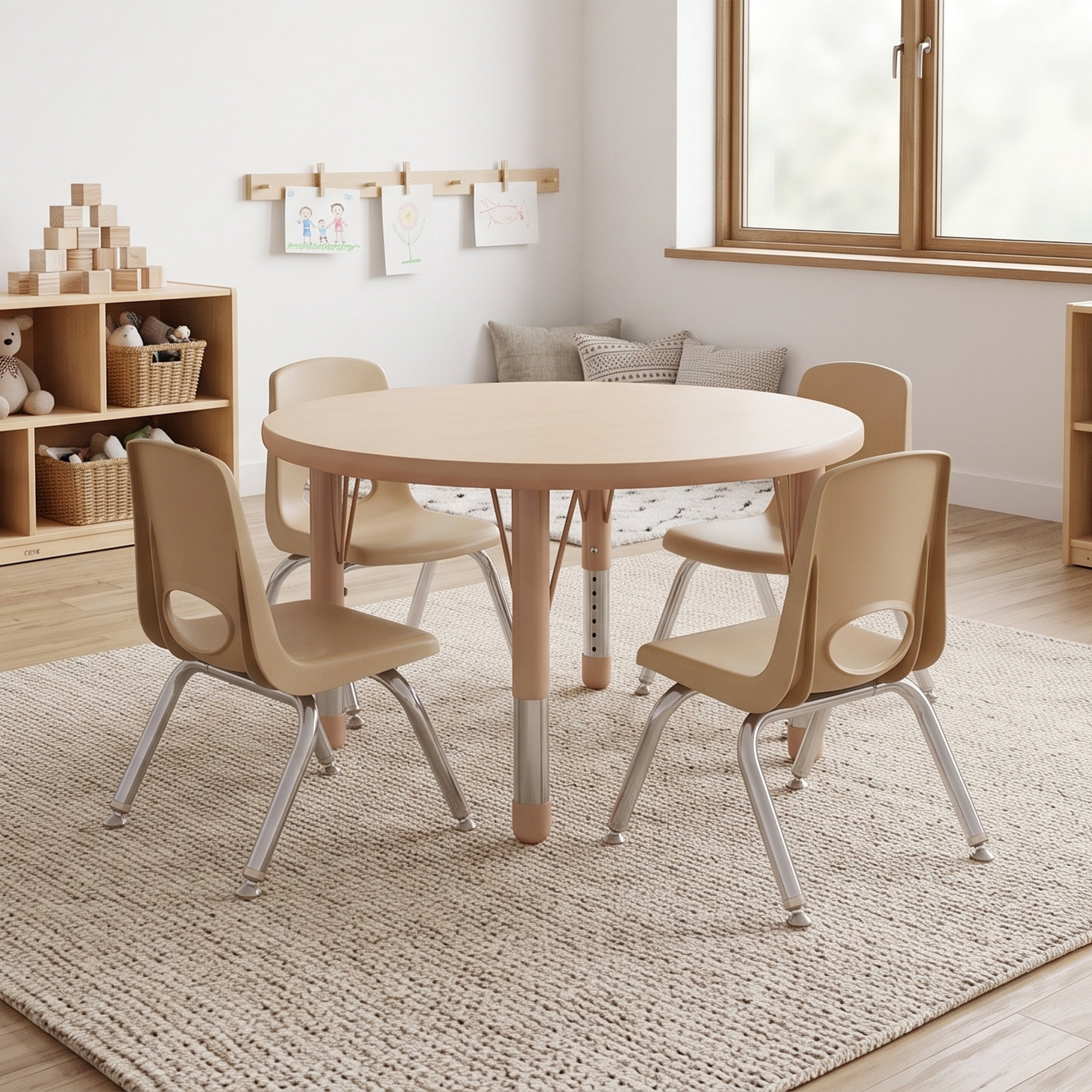 A round light wood children's table with four matching beige chairs with silver metal legs, arranged on a textured beige rug in a bright, modern children's room.