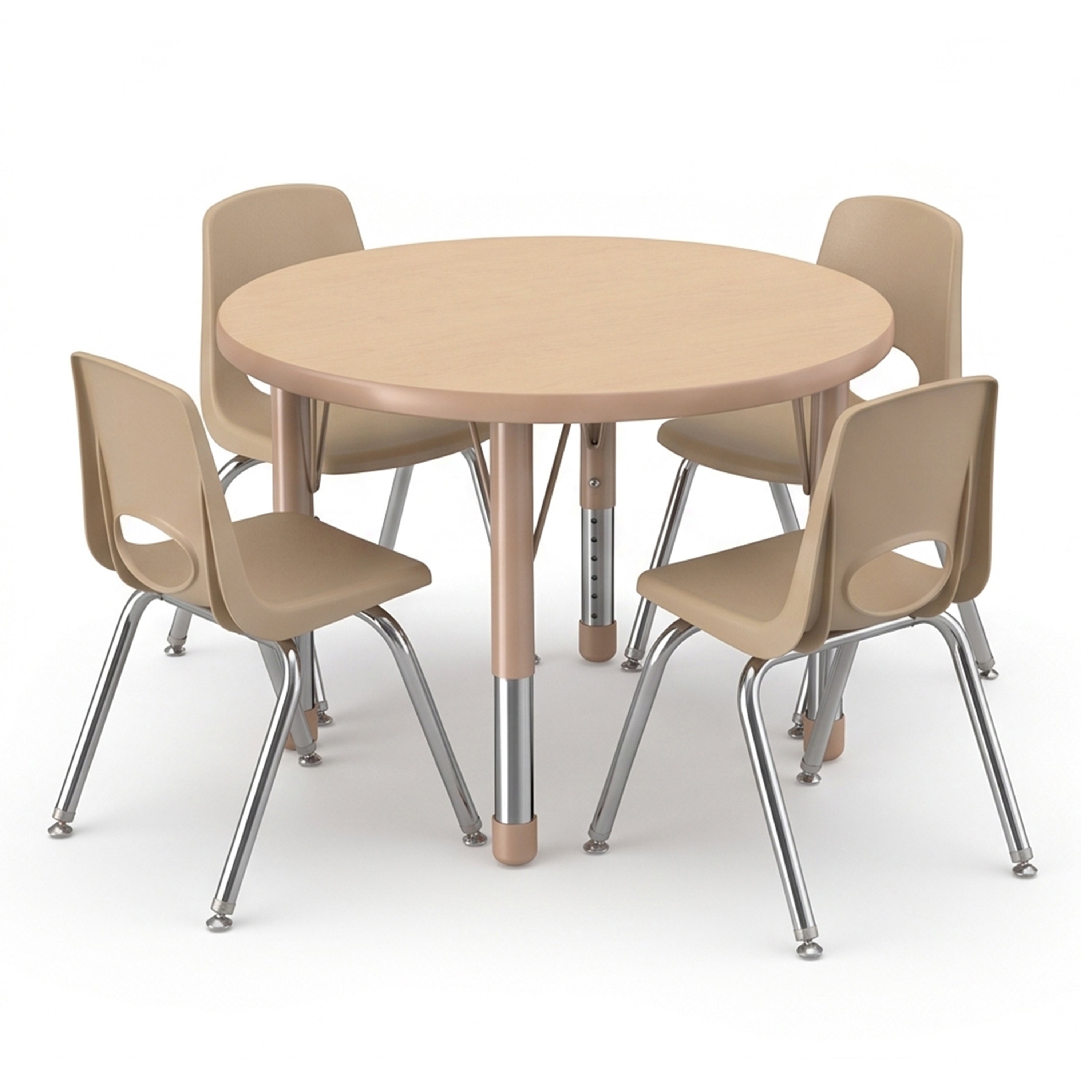 A round light wood classroom table with four matching beige plastic chairs and chrome metal legs, shown on a clean white background.