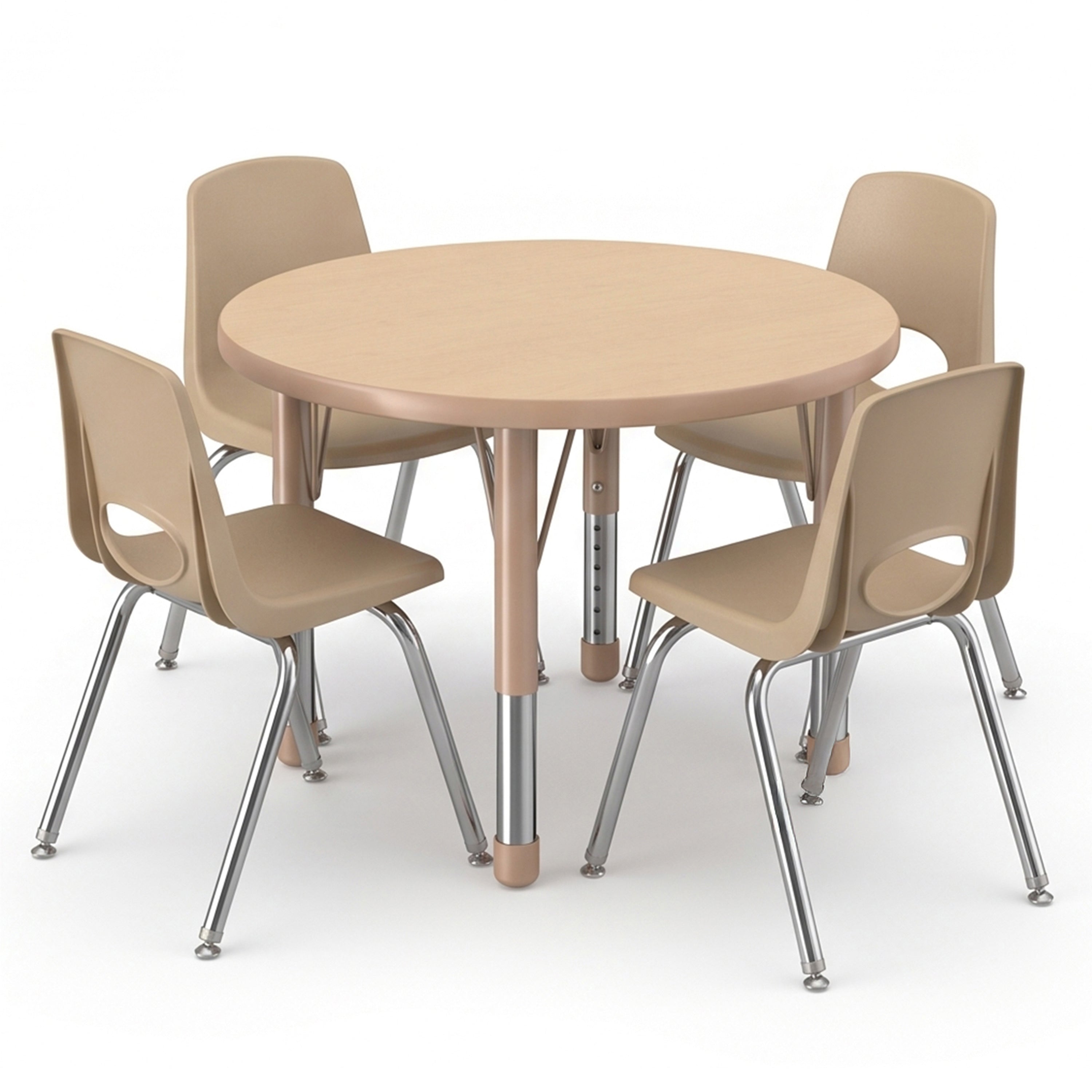 A round light wood table with four beige plastic chairs featuring metal legs, shown on a clean white background.