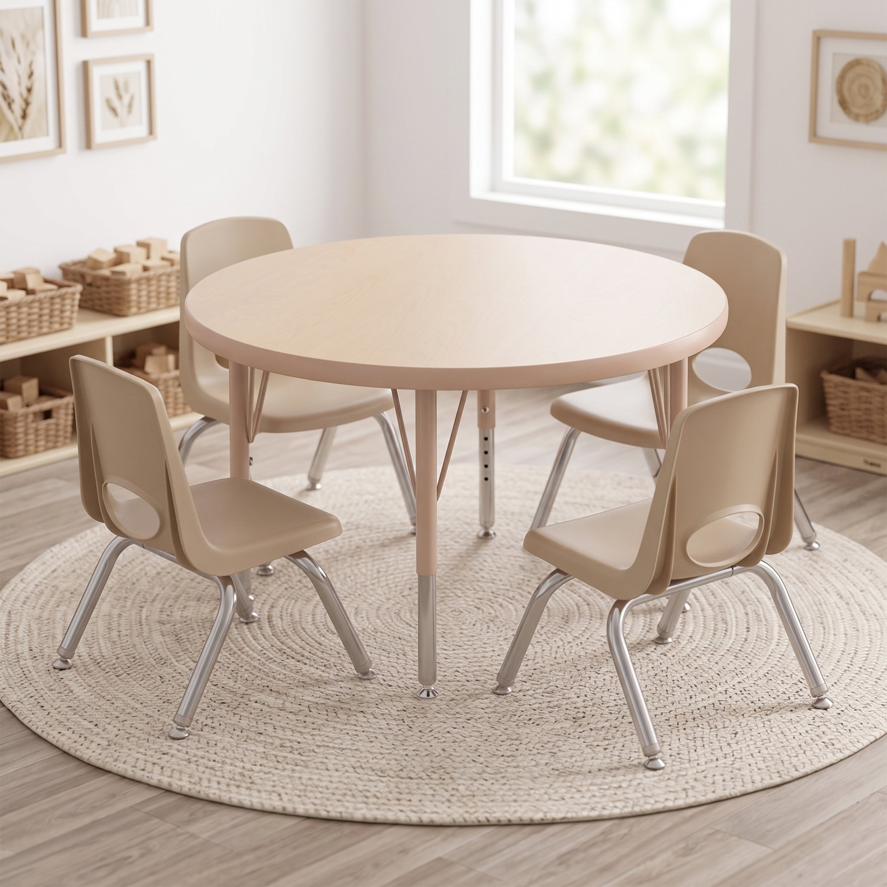 A round light wood dining table with four beige plastic chairs featuring silver metal legs, arranged on a round woven jute rug in a bright, modern children's room.