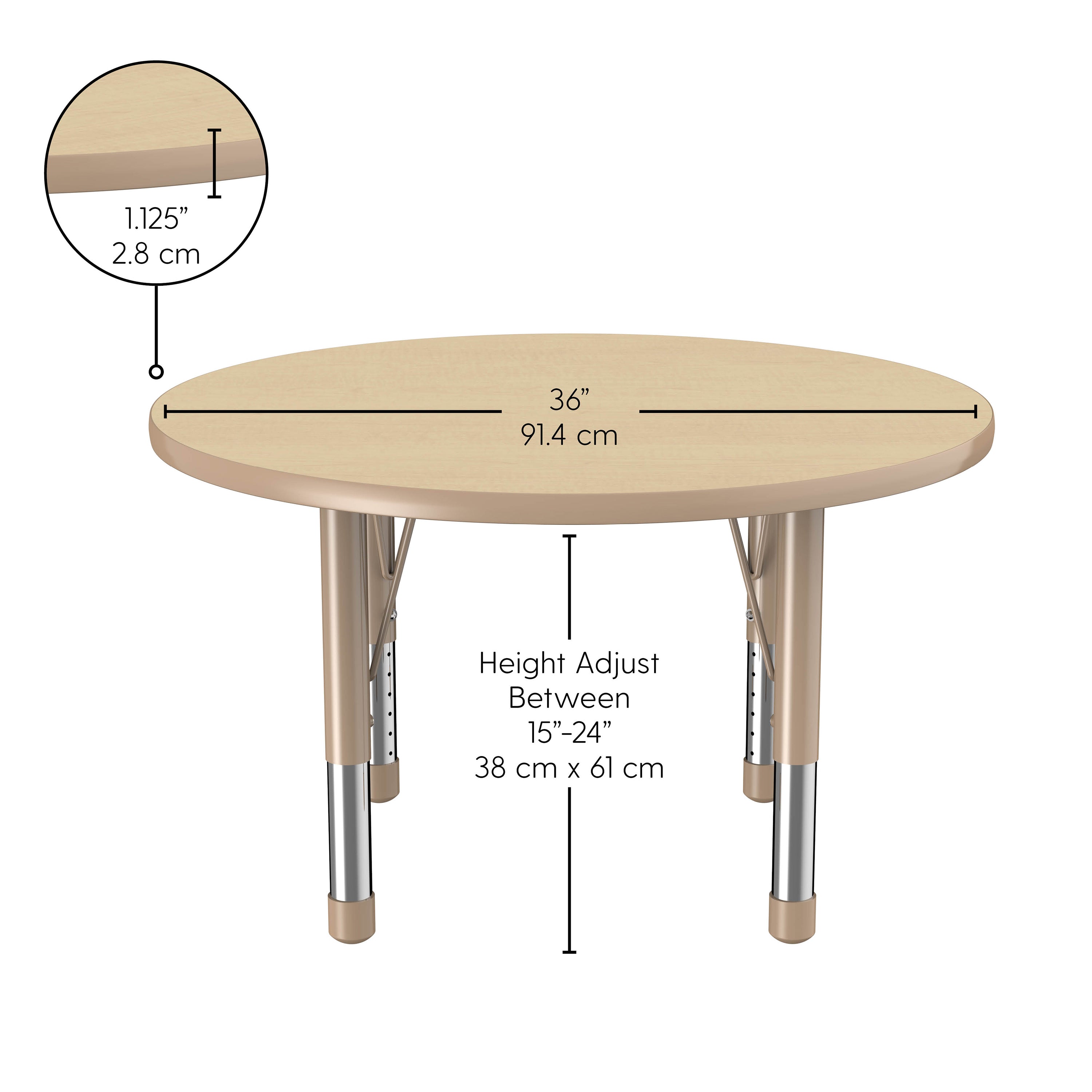 Round table with dimensions and height adjustment details on a white background
