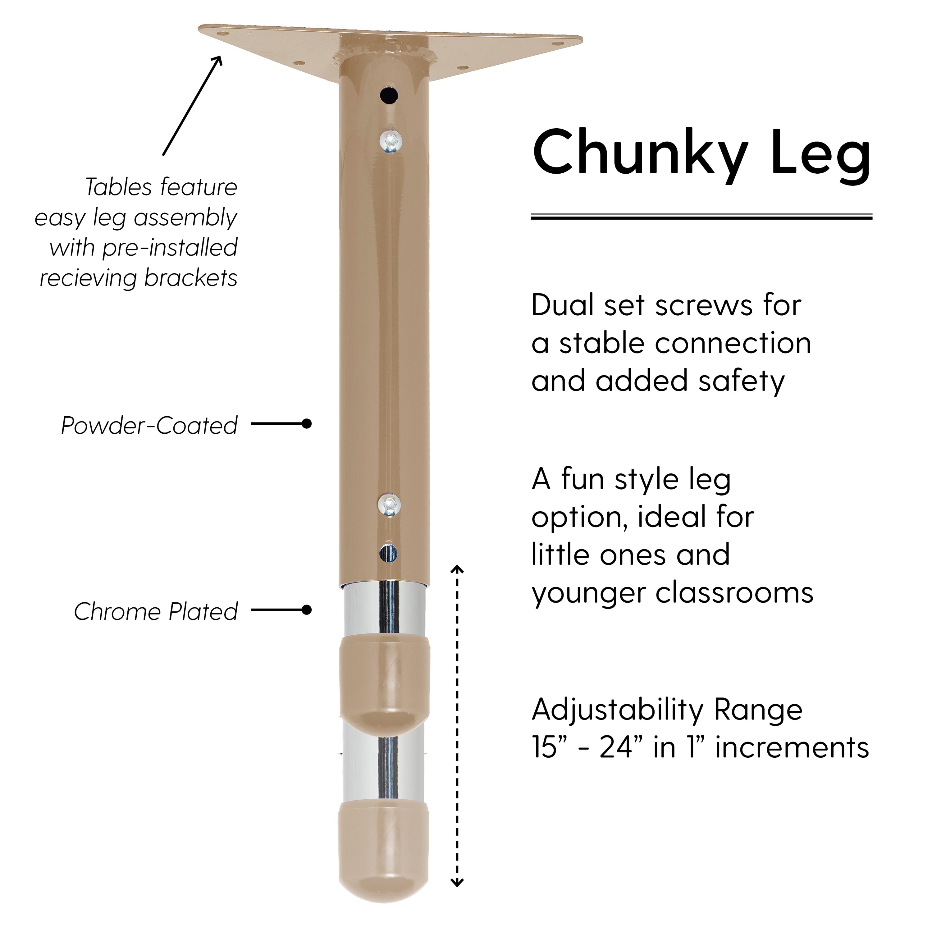 Beige table leg with features labeled on a white background