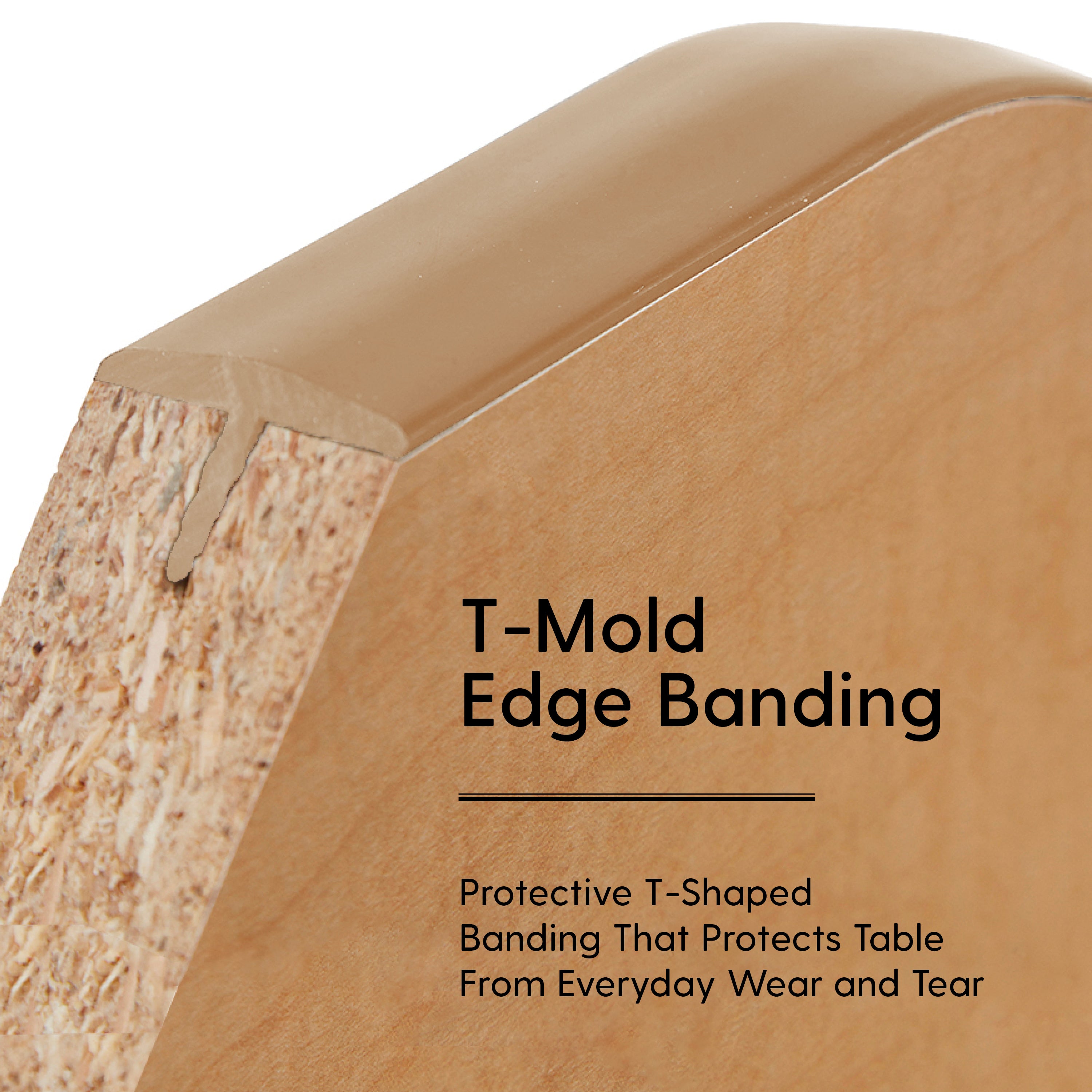 Close-up of T-mold edge banding on a wooden surface with text describing its protective function.