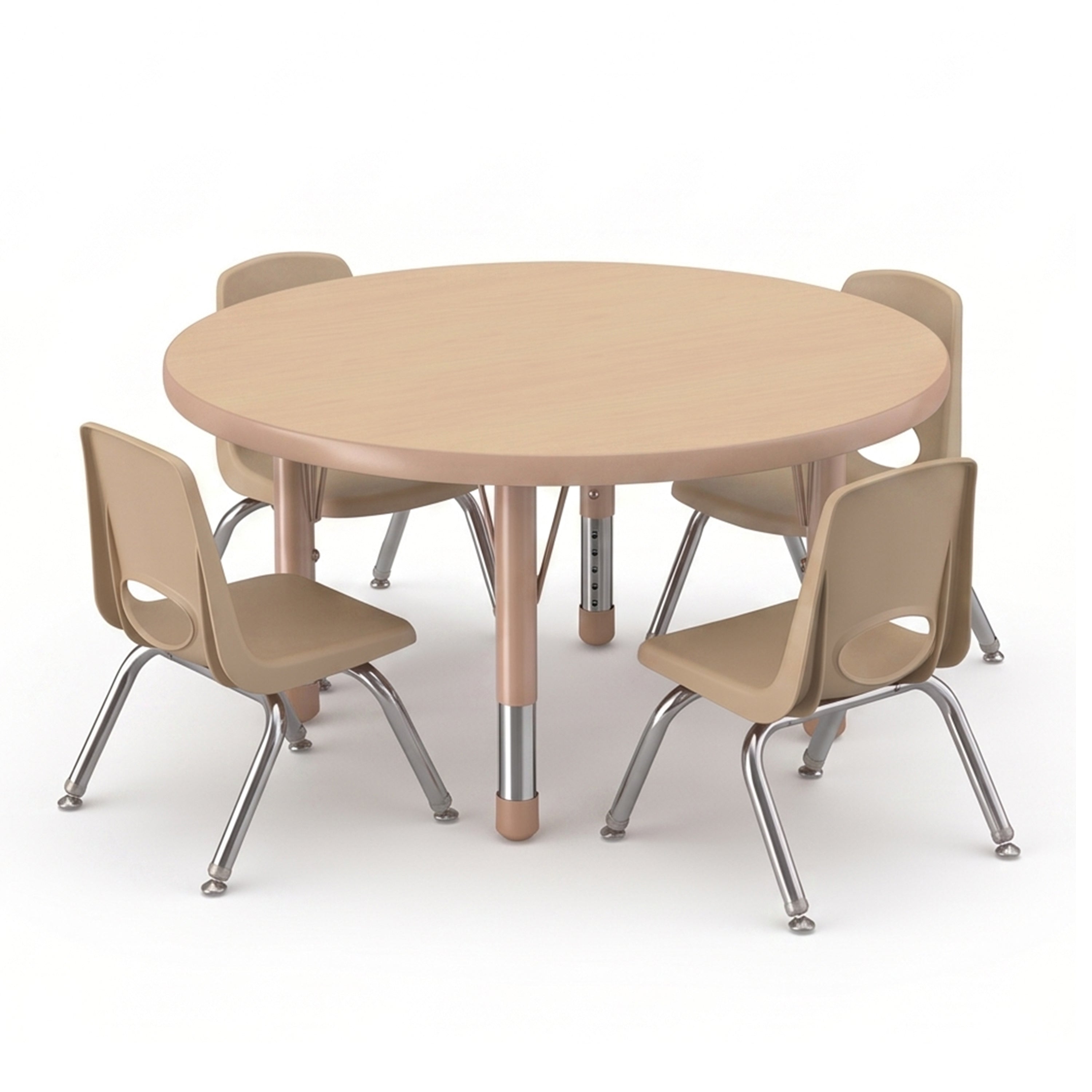 A round light wood children's table with four beige plastic chairs featuring silver metal legs, shown on a clean white background.