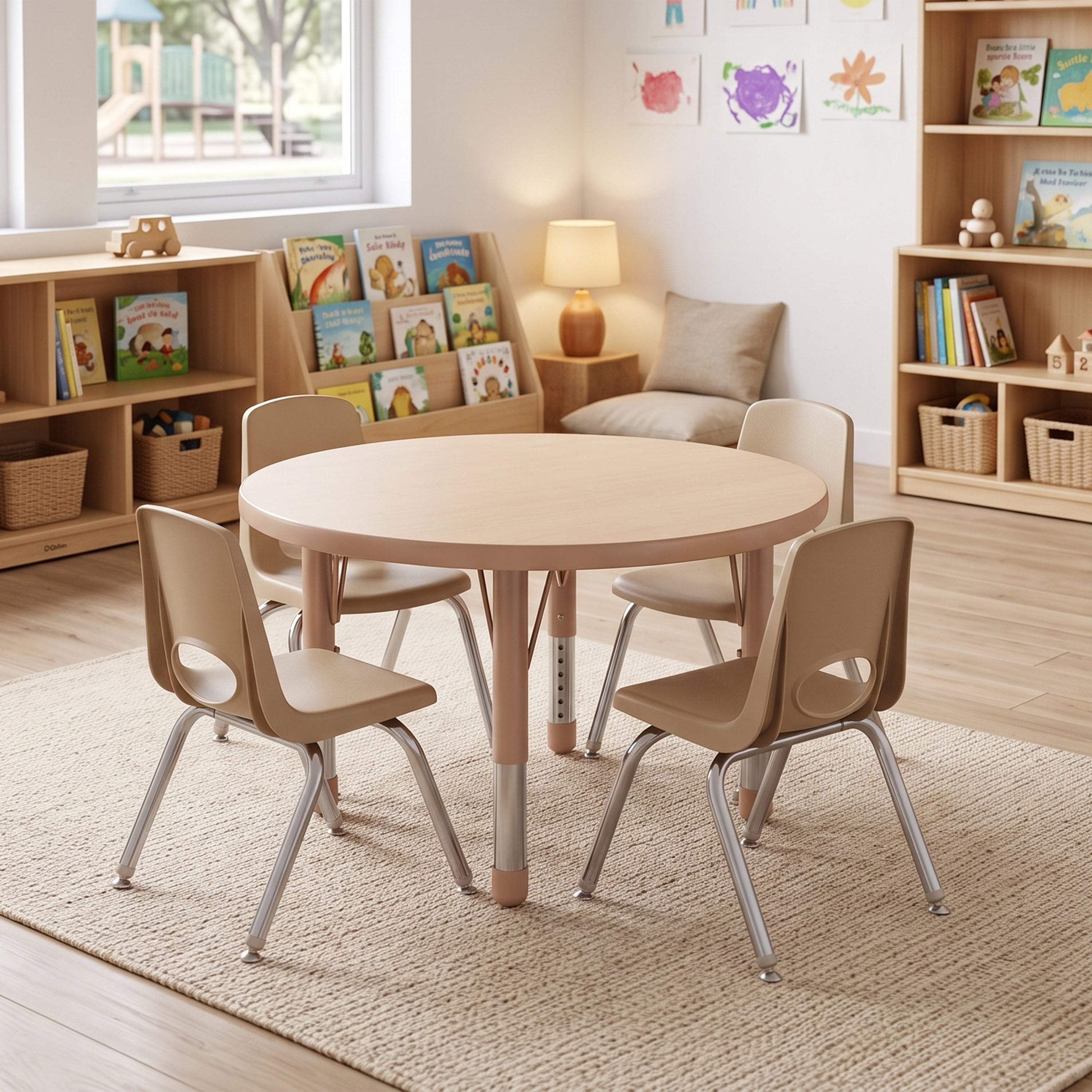 A round light wood children's table with four matching chairs in a bright, modern playroom or classroom setting.