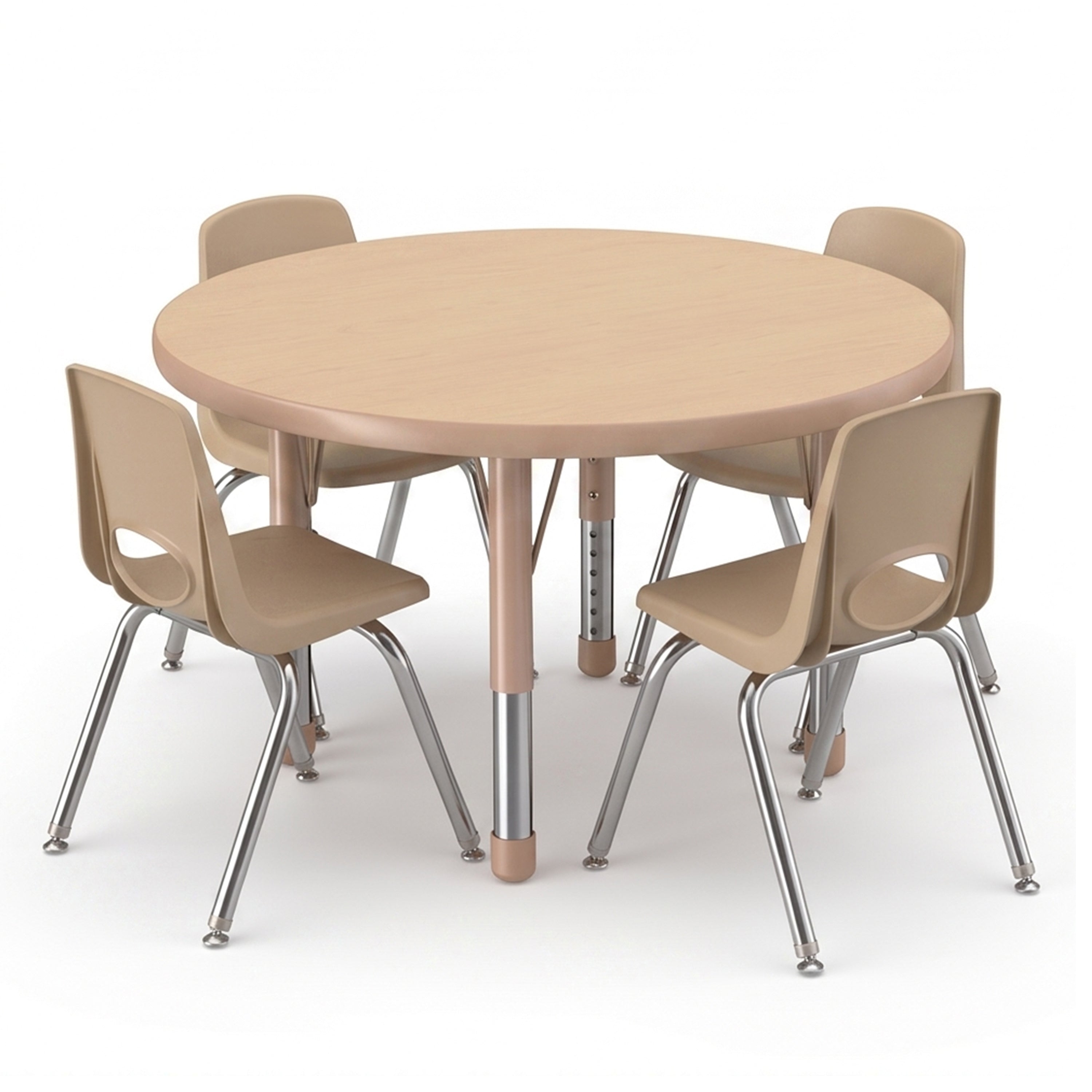 A round light wood table with four beige plastic chairs featuring silver metal legs, shown on a clean white background.