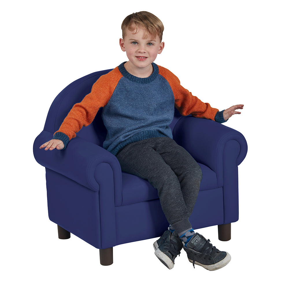 Kid Sitting in Little Lux Navy Preschool Lounge Chair | Adjustable Kids’ Soft Seat for Reading & Relaxation