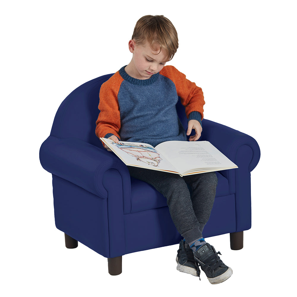 Kid Sitting in Little Lux Navy Preschool Lounge Chair | Adjustable Kids’ Soft Seat for Reading & Relaxation