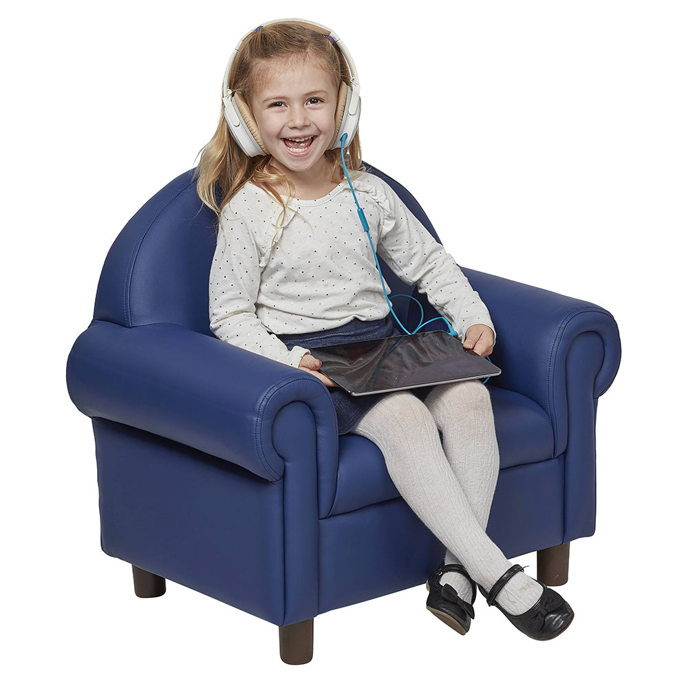 Kid Sitting in Little Lux Navy Preschool Lounge Chair | Adjustable Kids’ Soft Seat for Reading & Relaxation