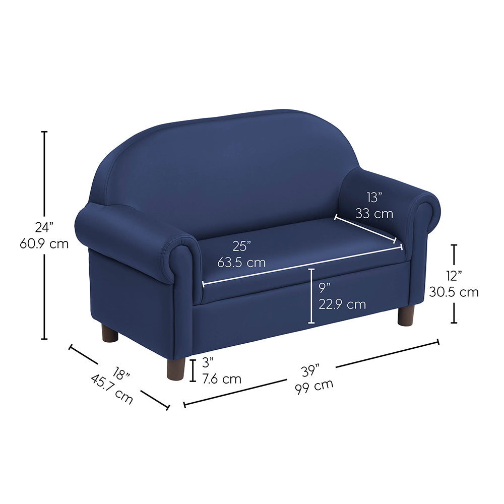 Dimensions Info graph of Little Lux Navy Preschool Sofa