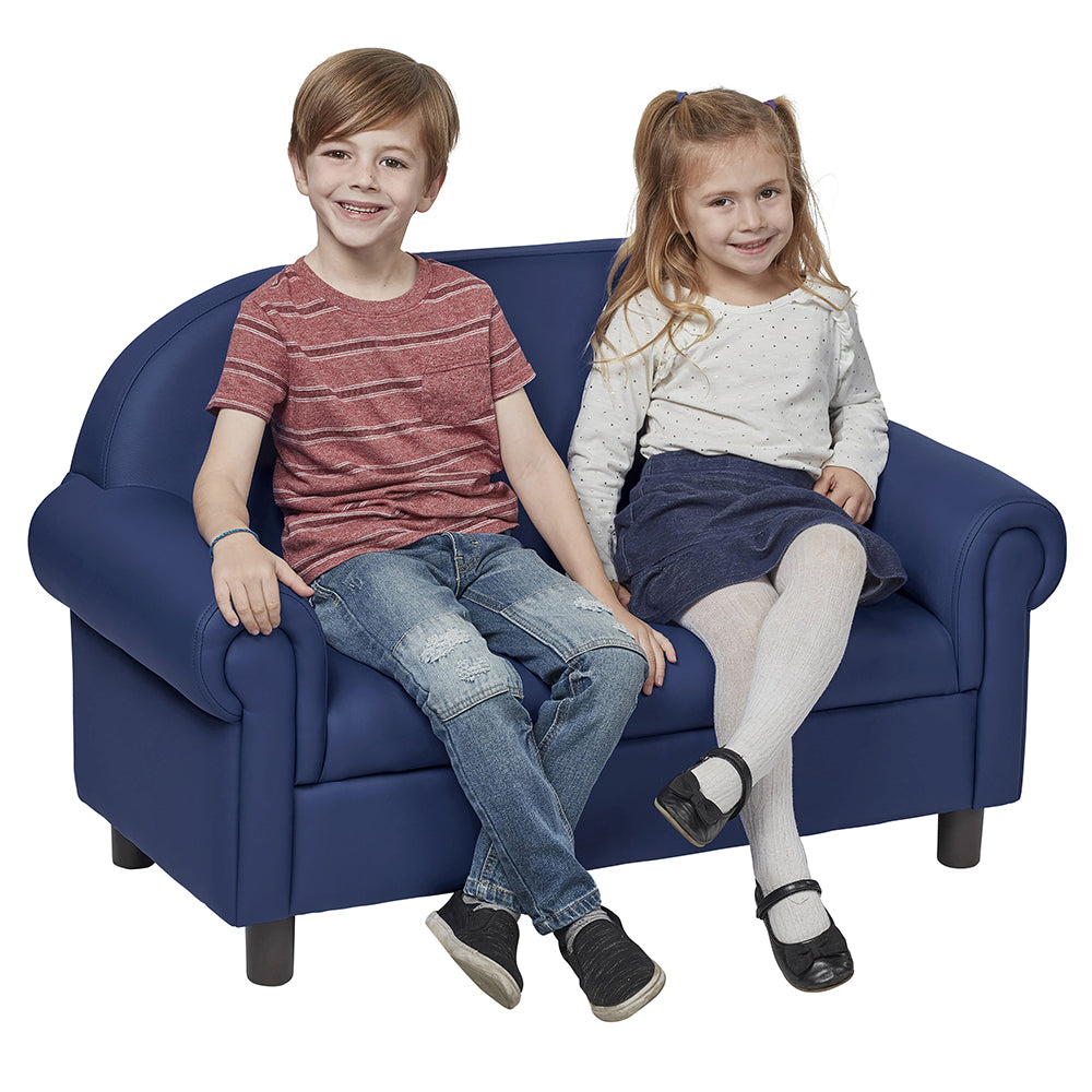 Two kids seated on Little Lux Navy Preschool Sofa
