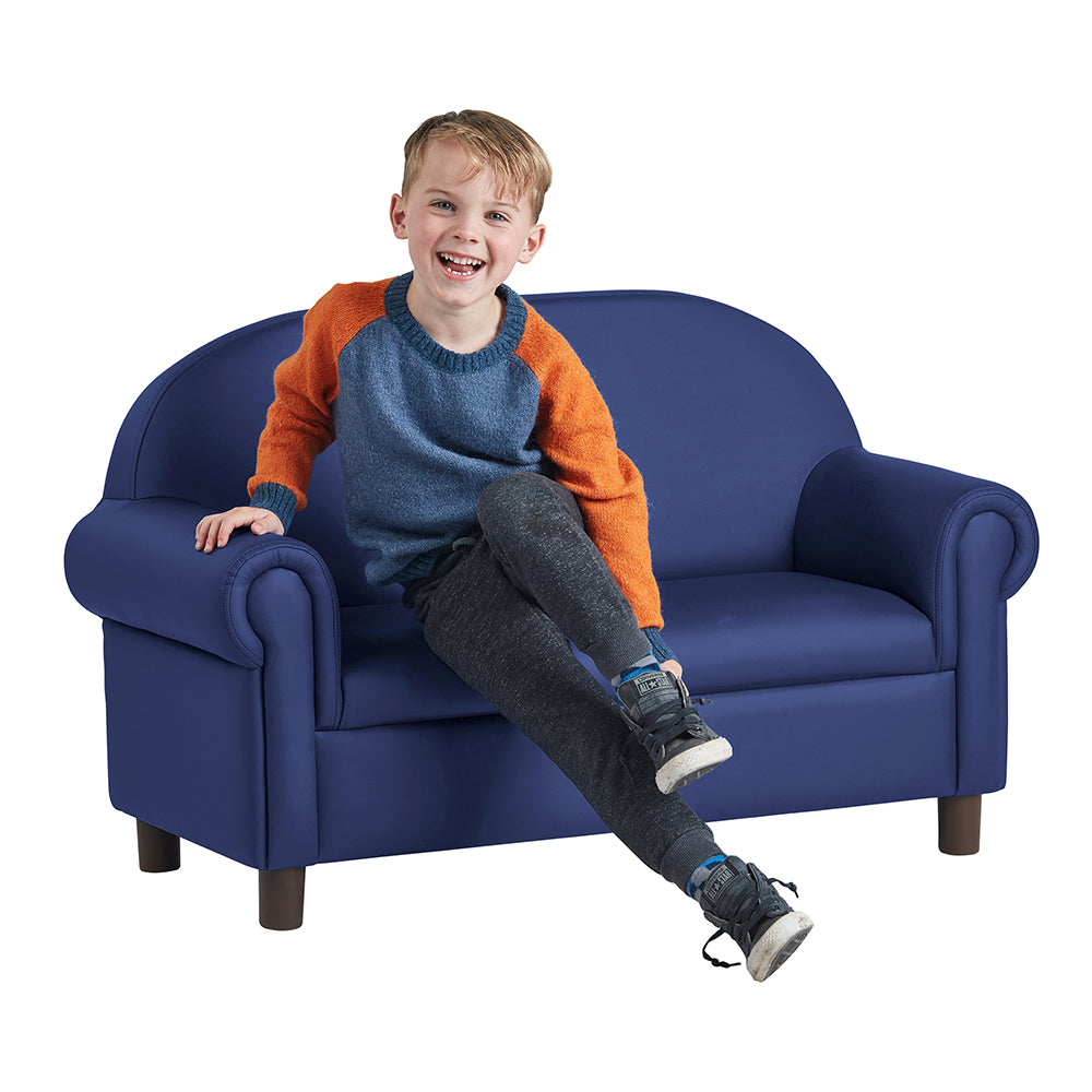 Kid Seated on Little Lux Navy Preschool Sofa