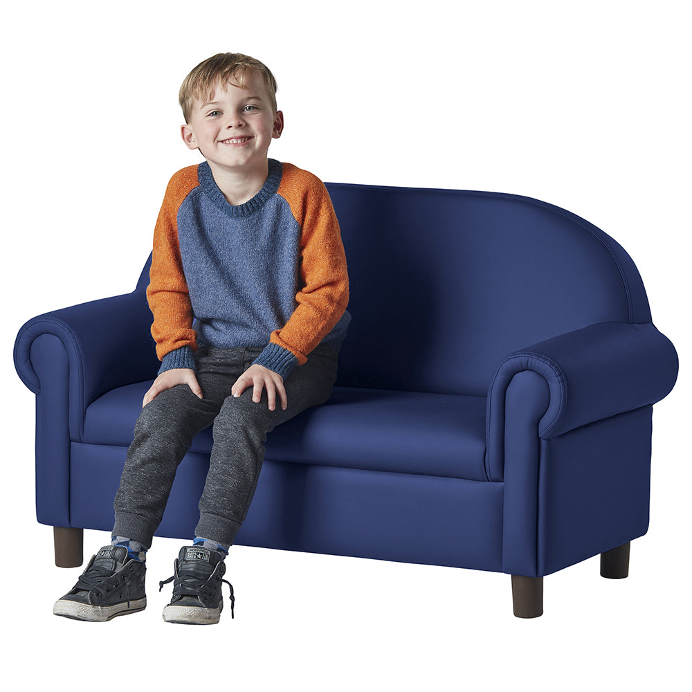 Kid Seated on Little Lux Navy Preschool Sofa