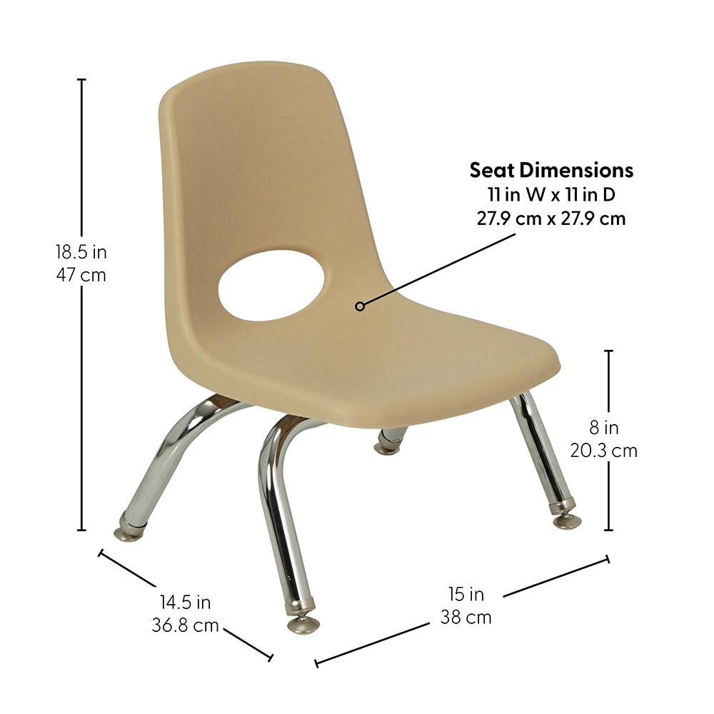 Beige chair with dimensions labeled on a white background