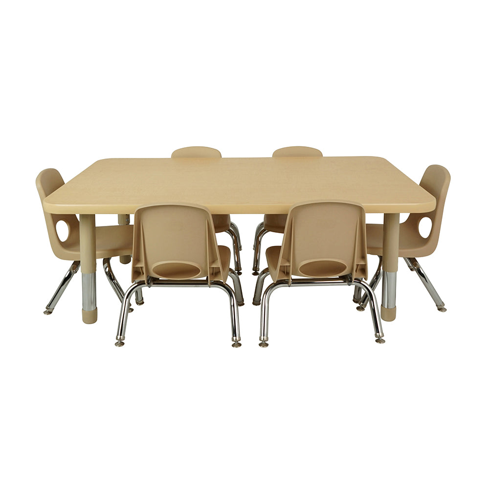 Beige table with six matching chairs on a white background
