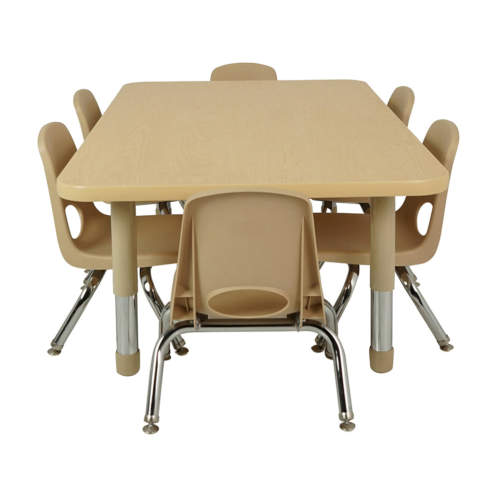 Beige table with six matching chairs on a white background