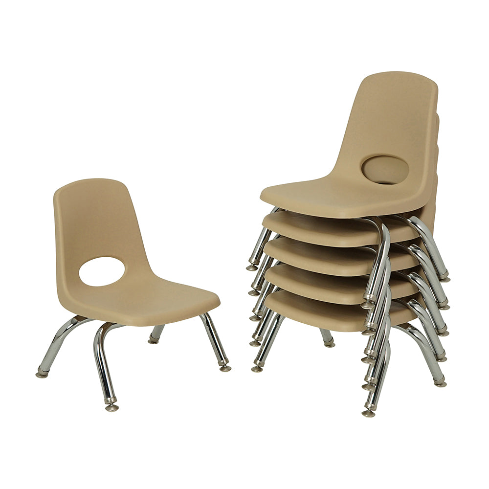 Beige chairs with metal legs, one stacked on top of others on a white background