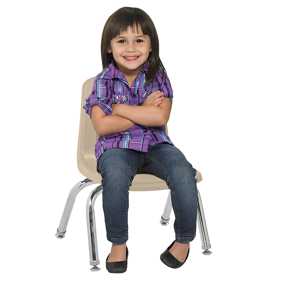 Child sitting on a chair wearing a purple plaid shirt and blue jeans against a white background