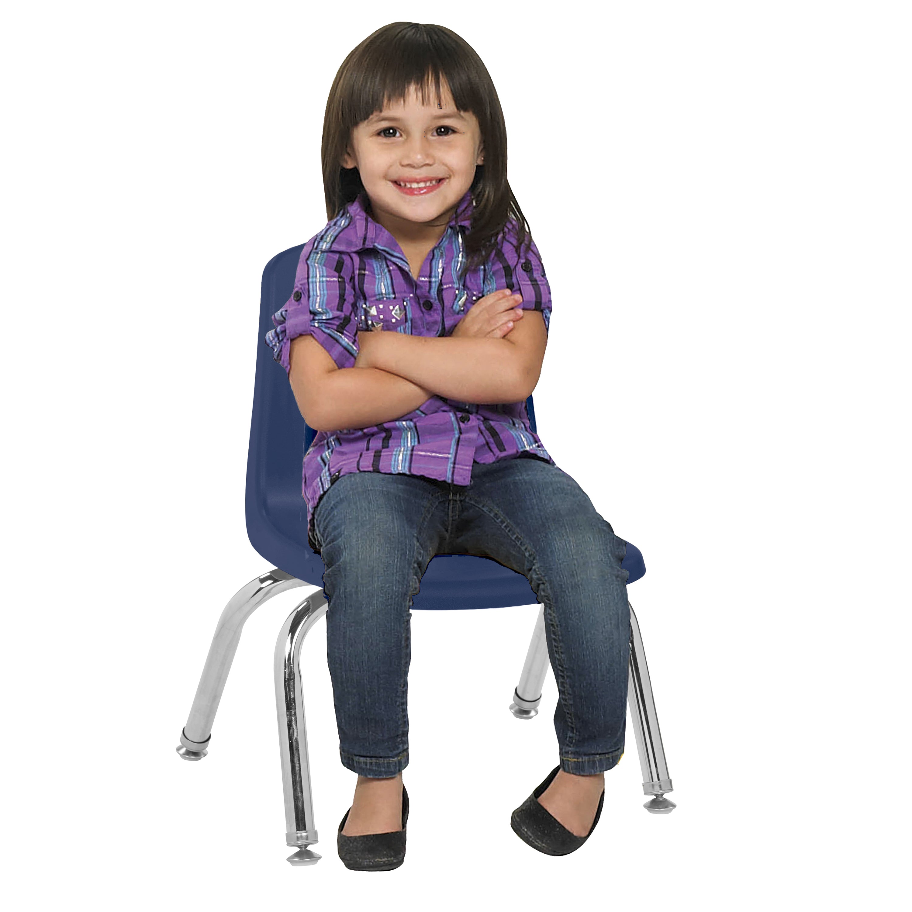 Child sitting on a blue chair with a white background
