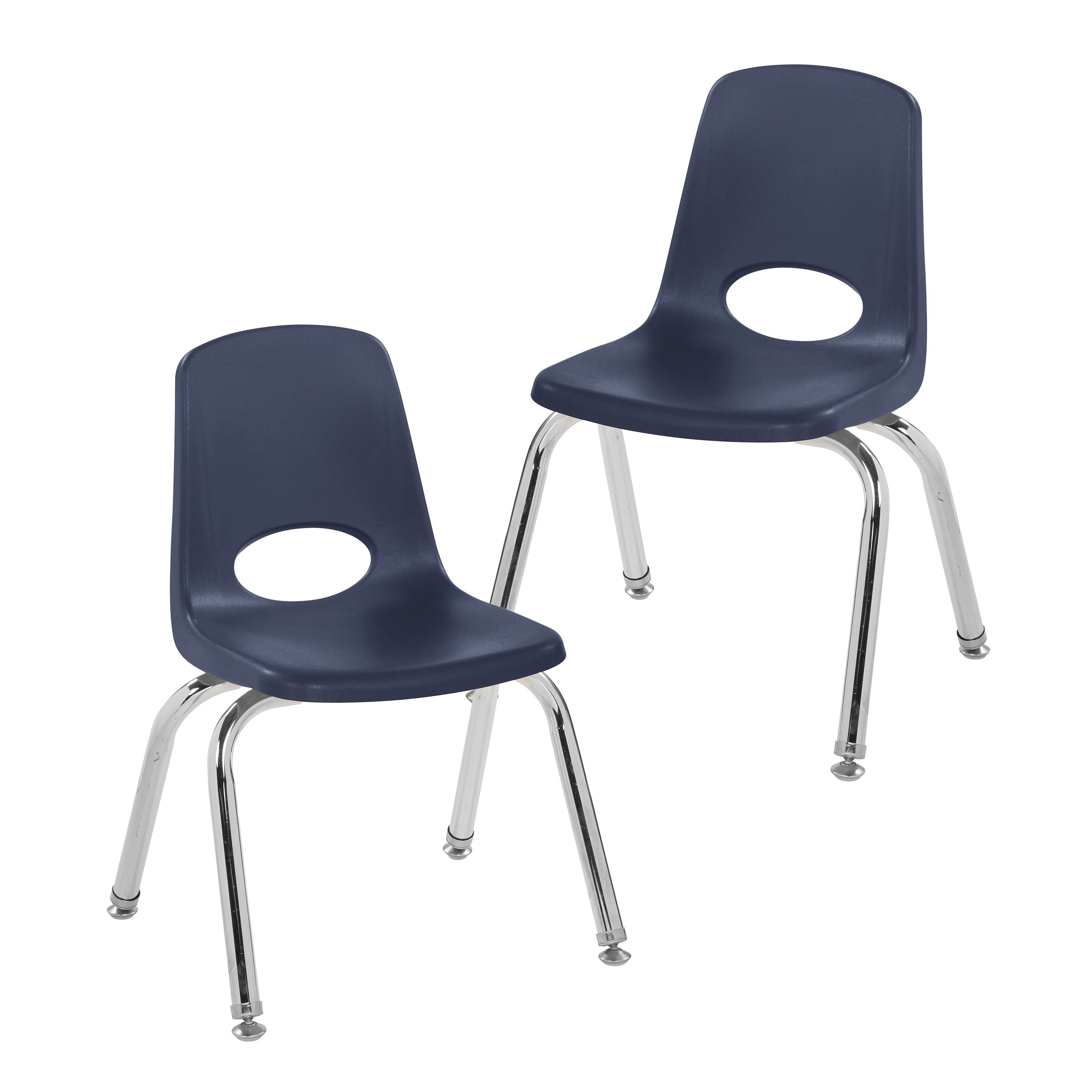 Two navy blue chairs with chrome legs on a white background