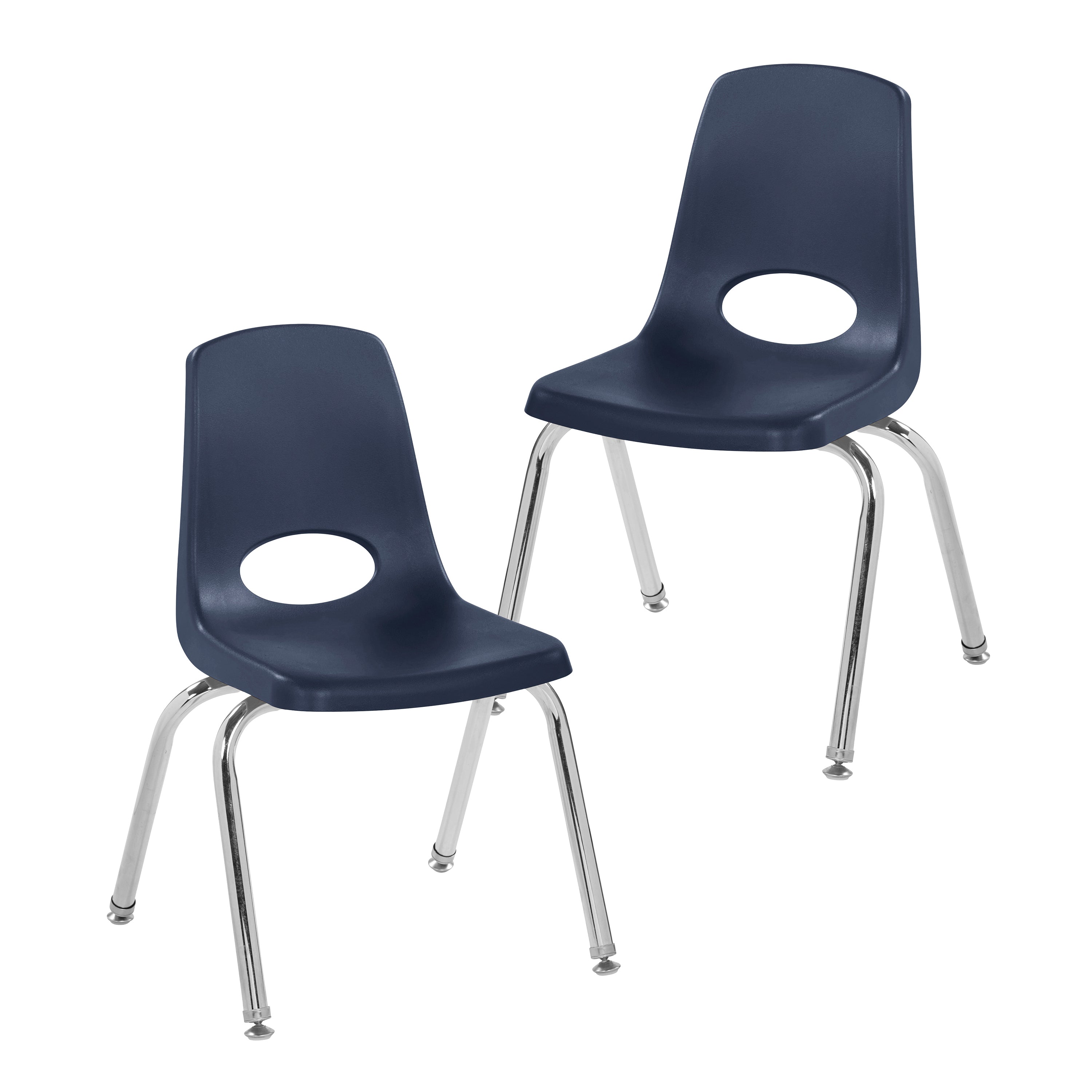 Two navy blue chairs with chrome legs on a white background