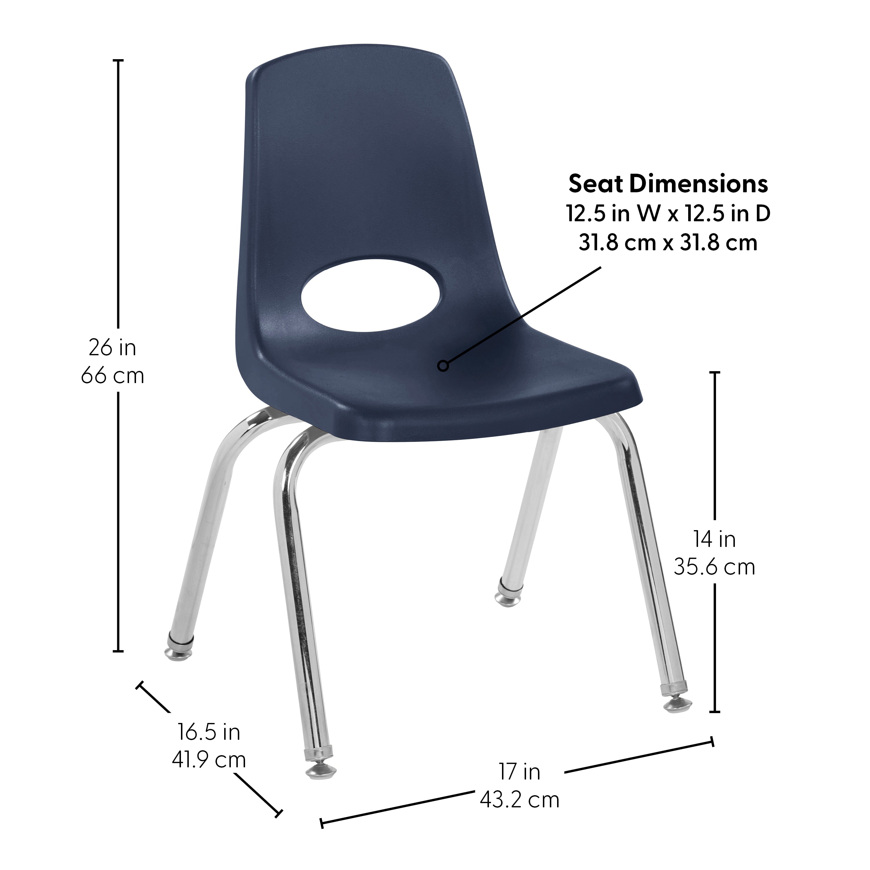 Navy chair with measurements on a white background