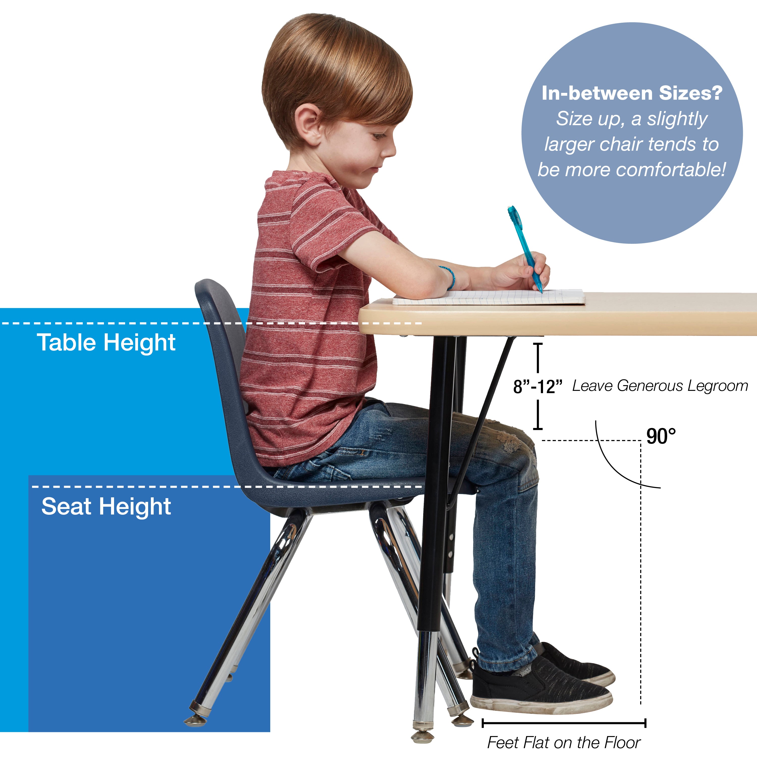 Child sitting at a table with height and seat height measurements labeled