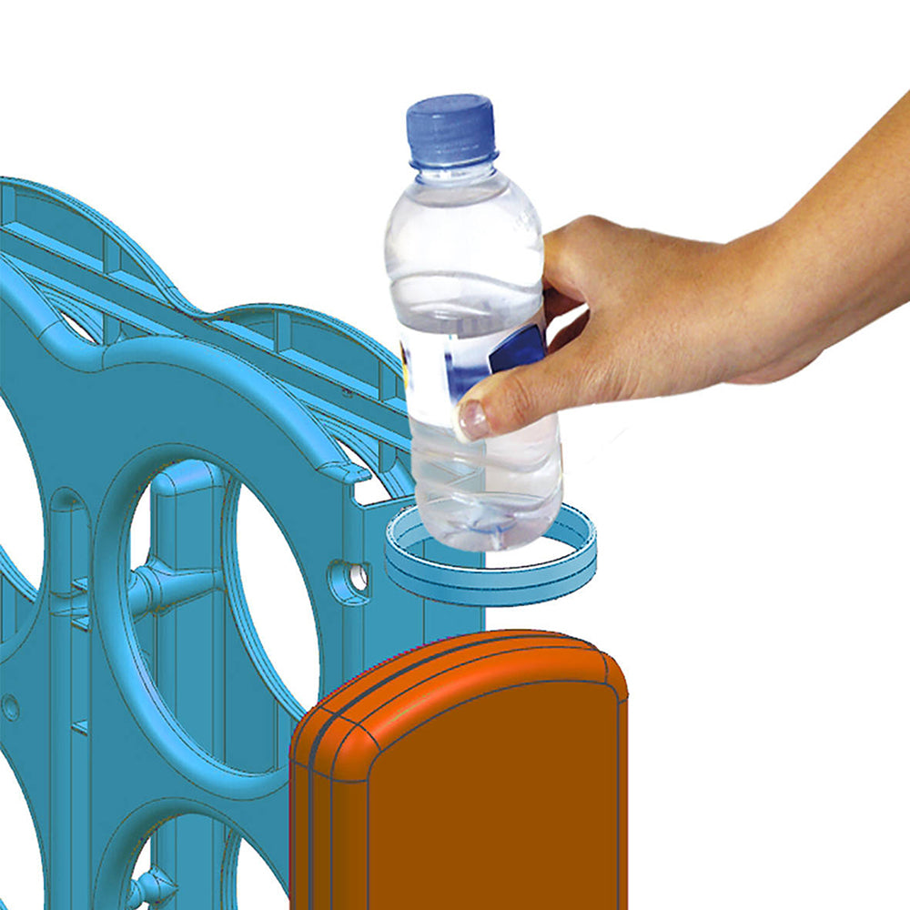 Hand holding a water bottle above a holder on game board