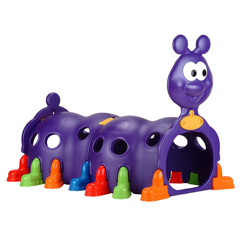 Purple toy caterpillar with colorful segments on a white background