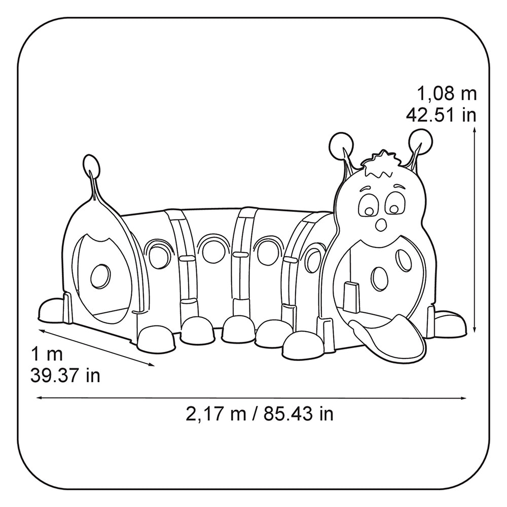 Illustration of a cartoon caterpillar with dimensions labeled