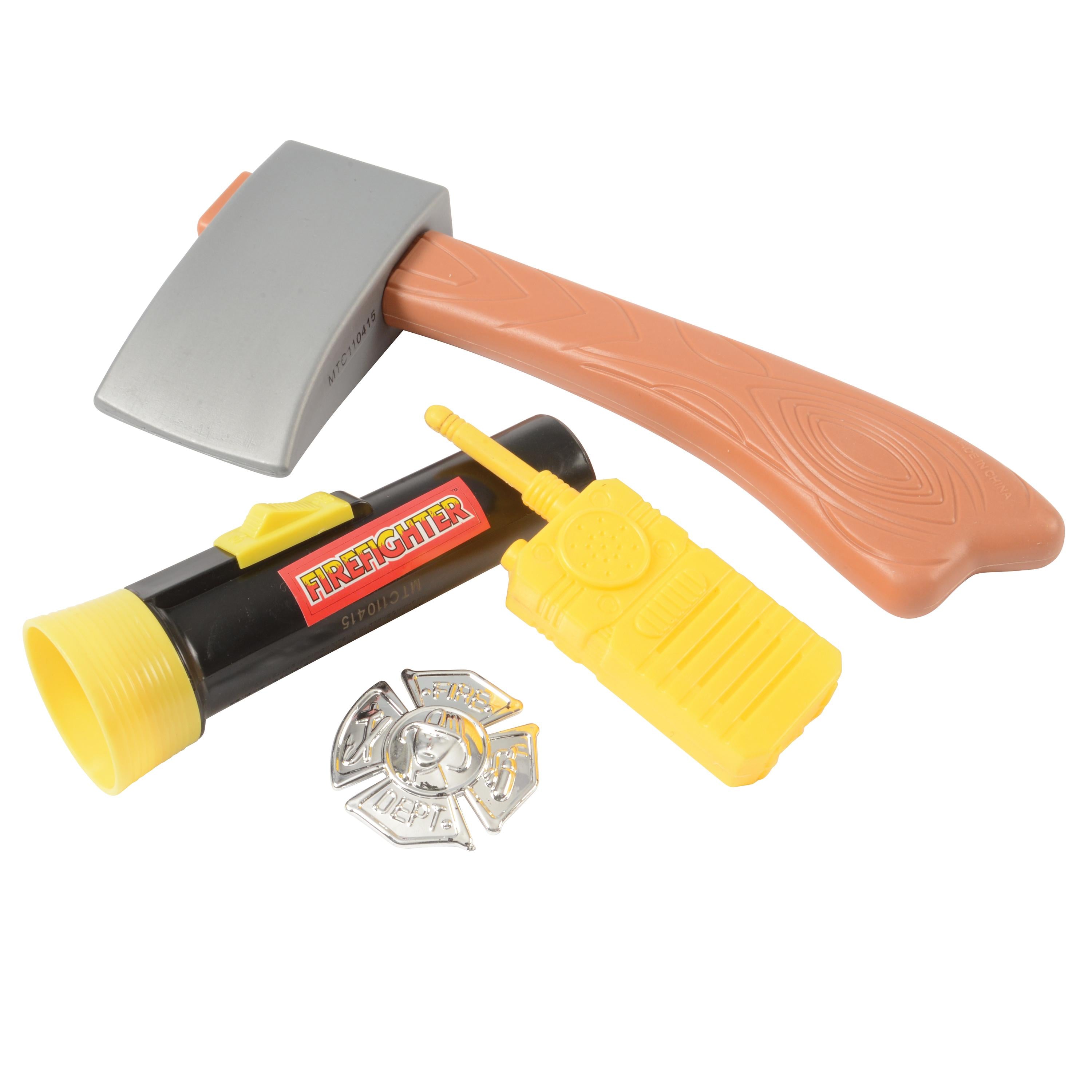 Toy axe, flashlight, and badge on a white background