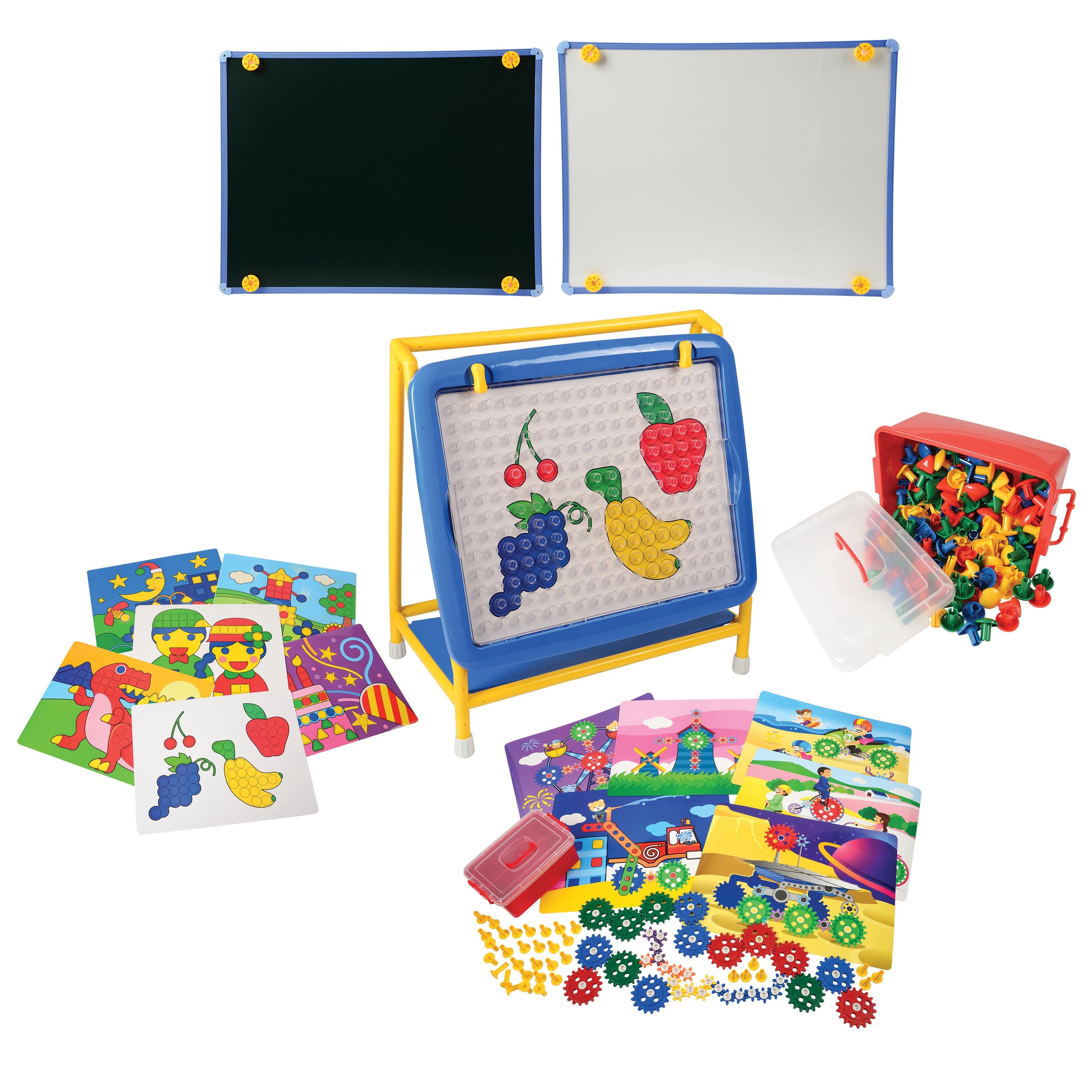 Educational toy set with magnetic boards, cards, and accessories on a white background