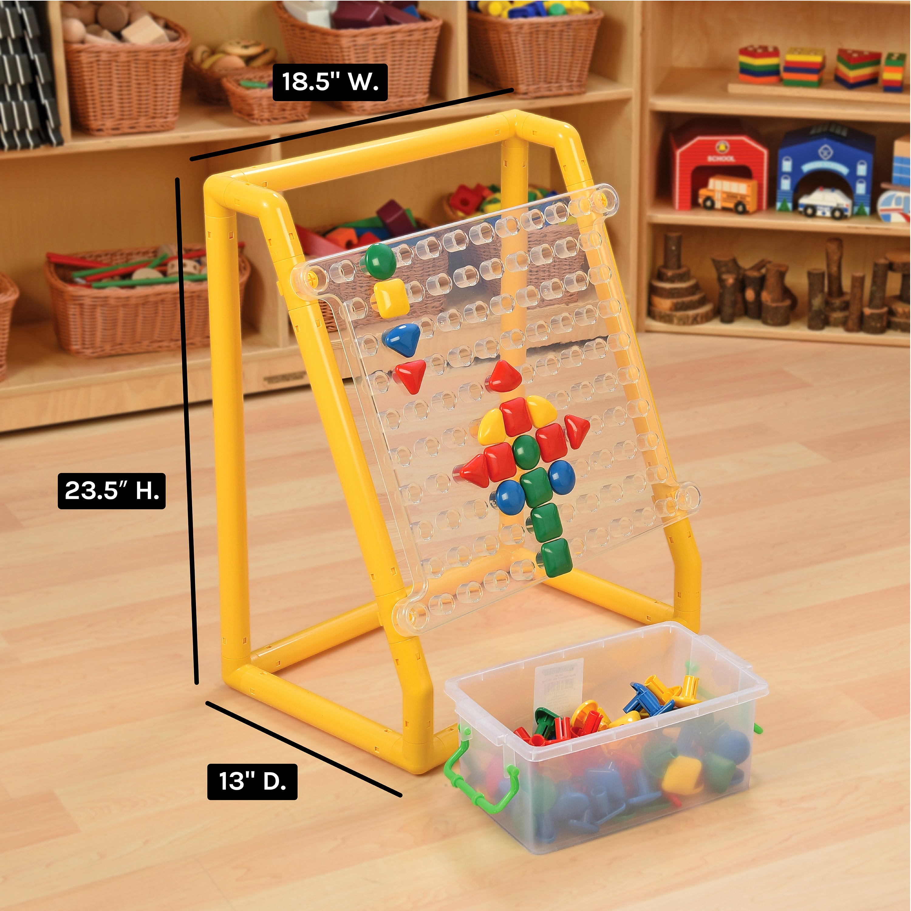 Yellow educational toy stand with colorful beads on a wooden floor