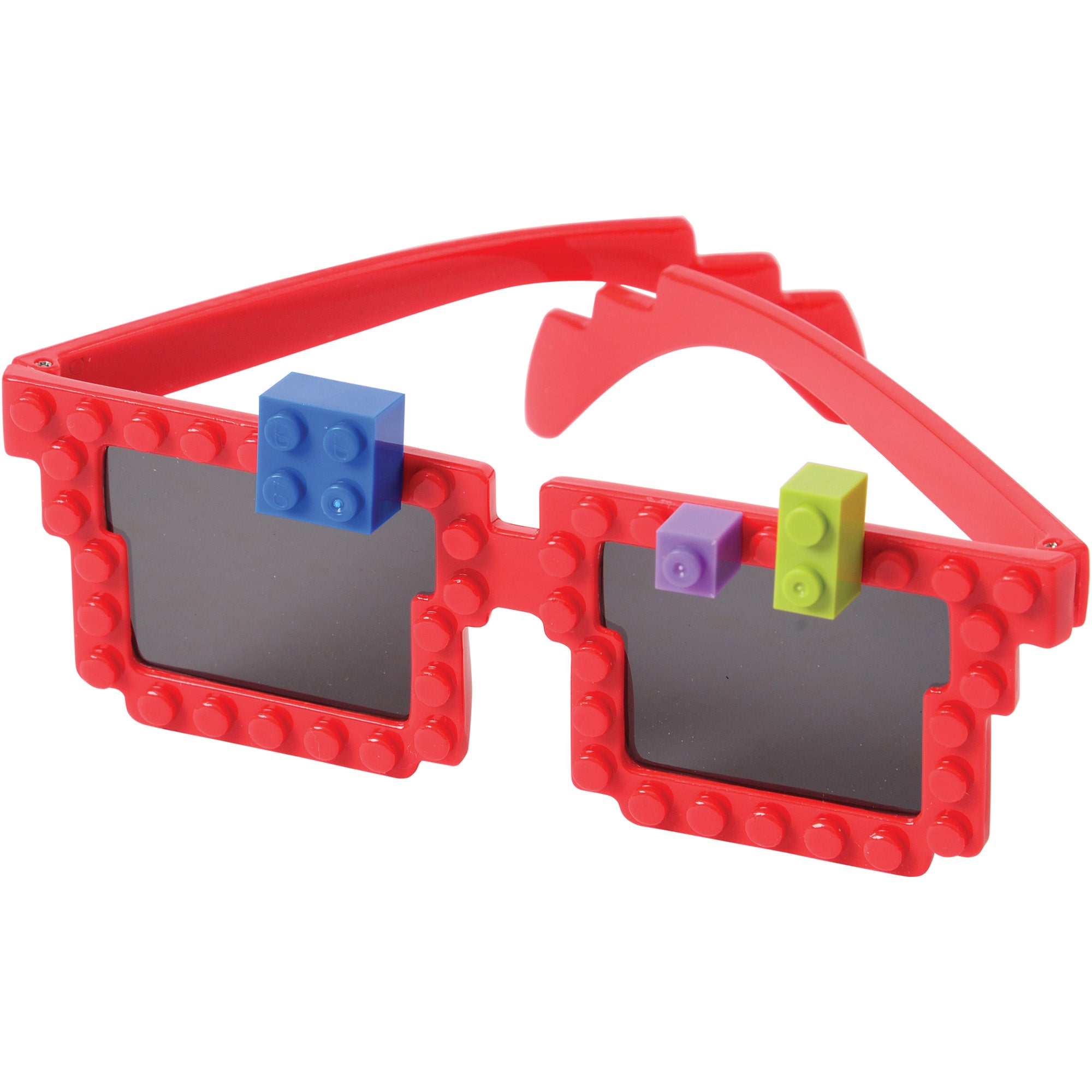 Red sunglasses with LEGO brick design on a white background