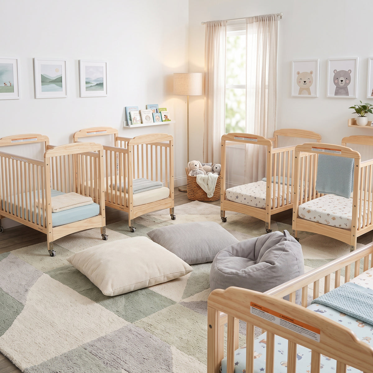 A nursery room with multiple light natural-wood baby cribs and a matching toddler bed arranged on a patterned rug, with pillows, a bean bag chair, floor lamp, framed wall art, and a window with sheer curtains.