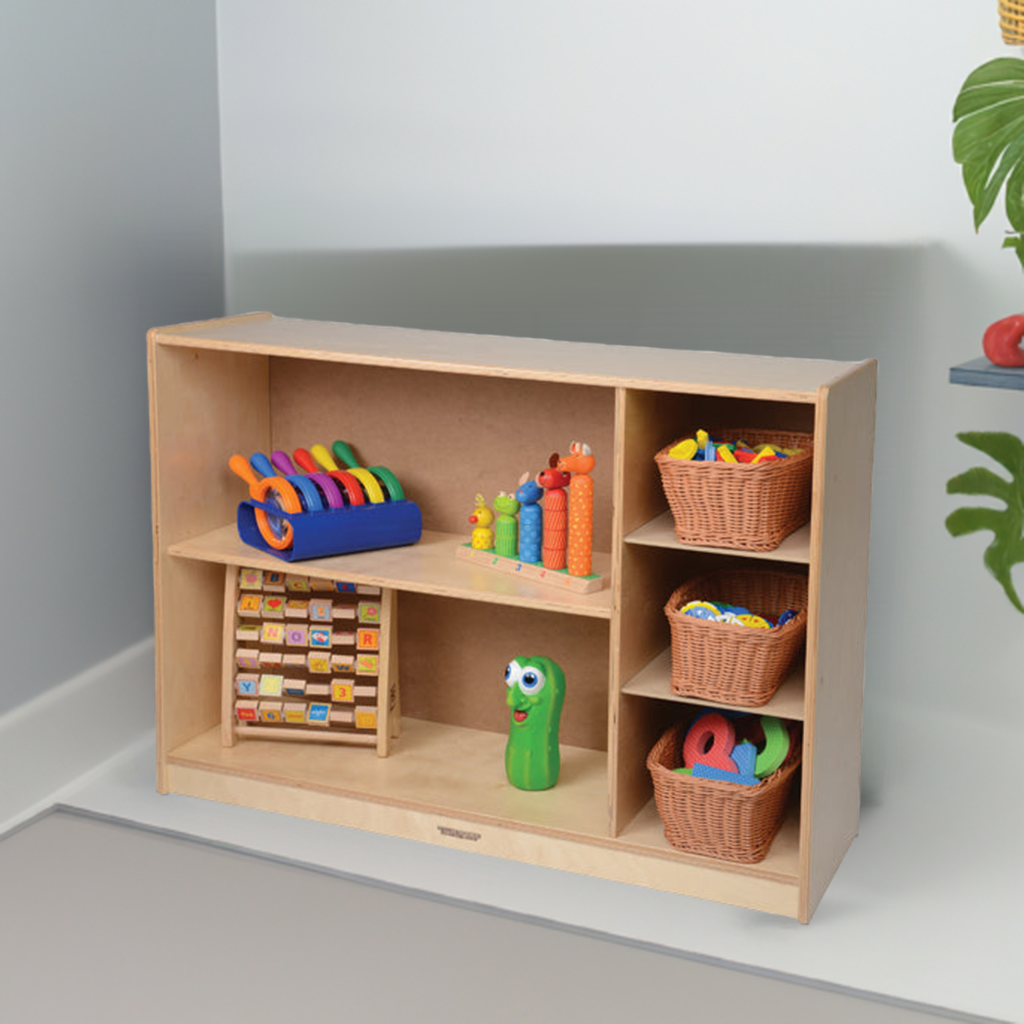 Multi-Level Birch Storage Shelves with Baskets in the Classroom