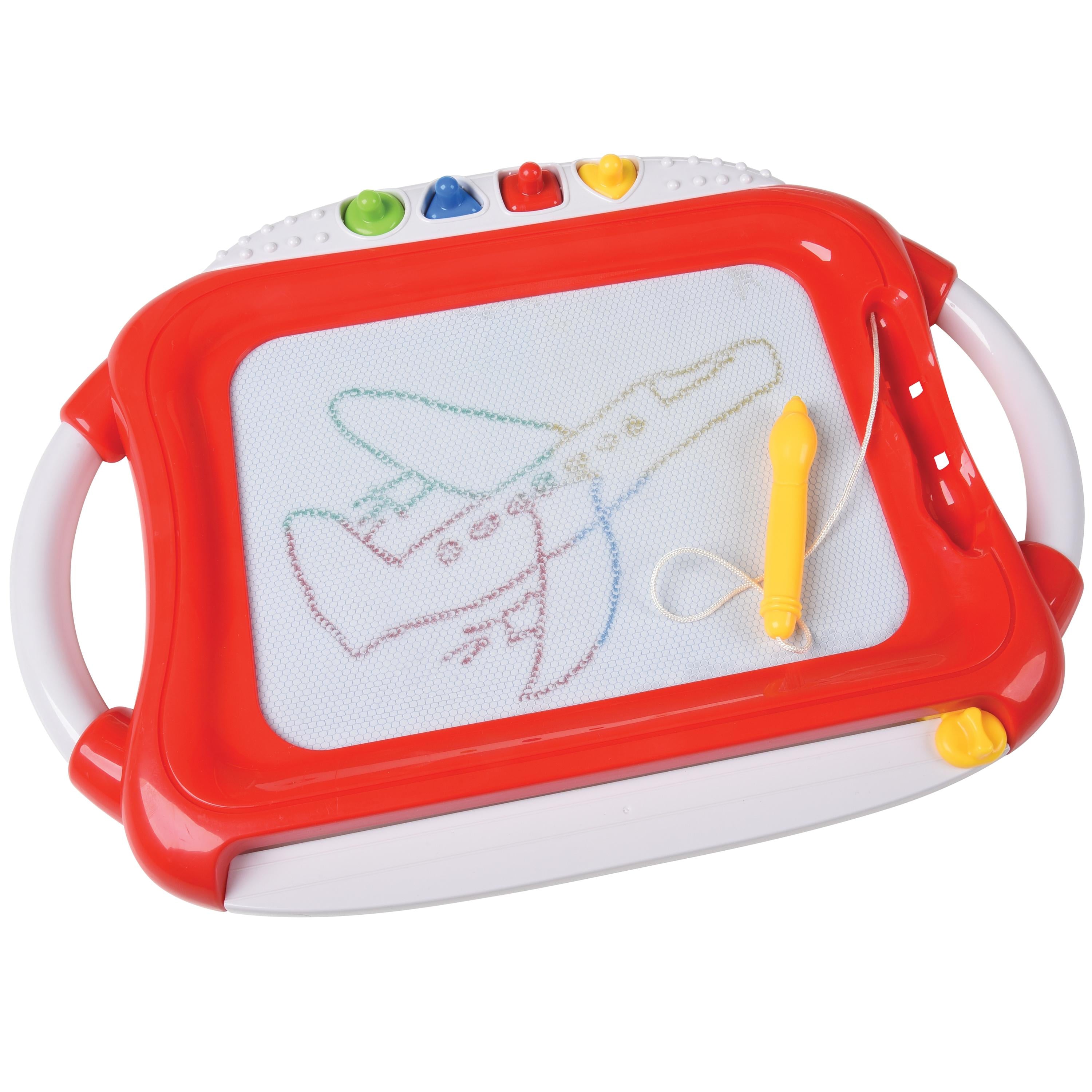 Toy drawing board with airplane drawing on a white background