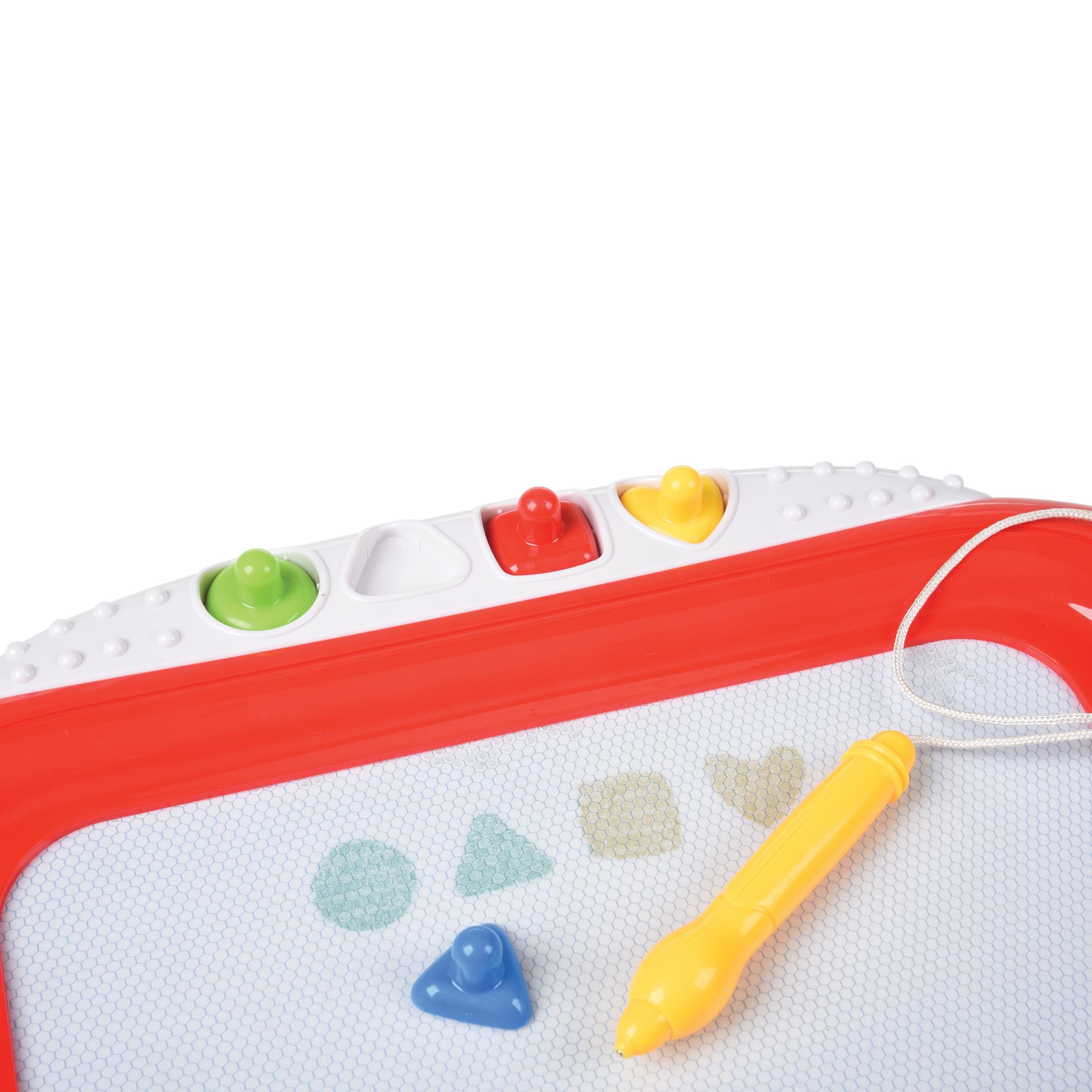 Colorful toy with shapes and a yellow handle on a white background