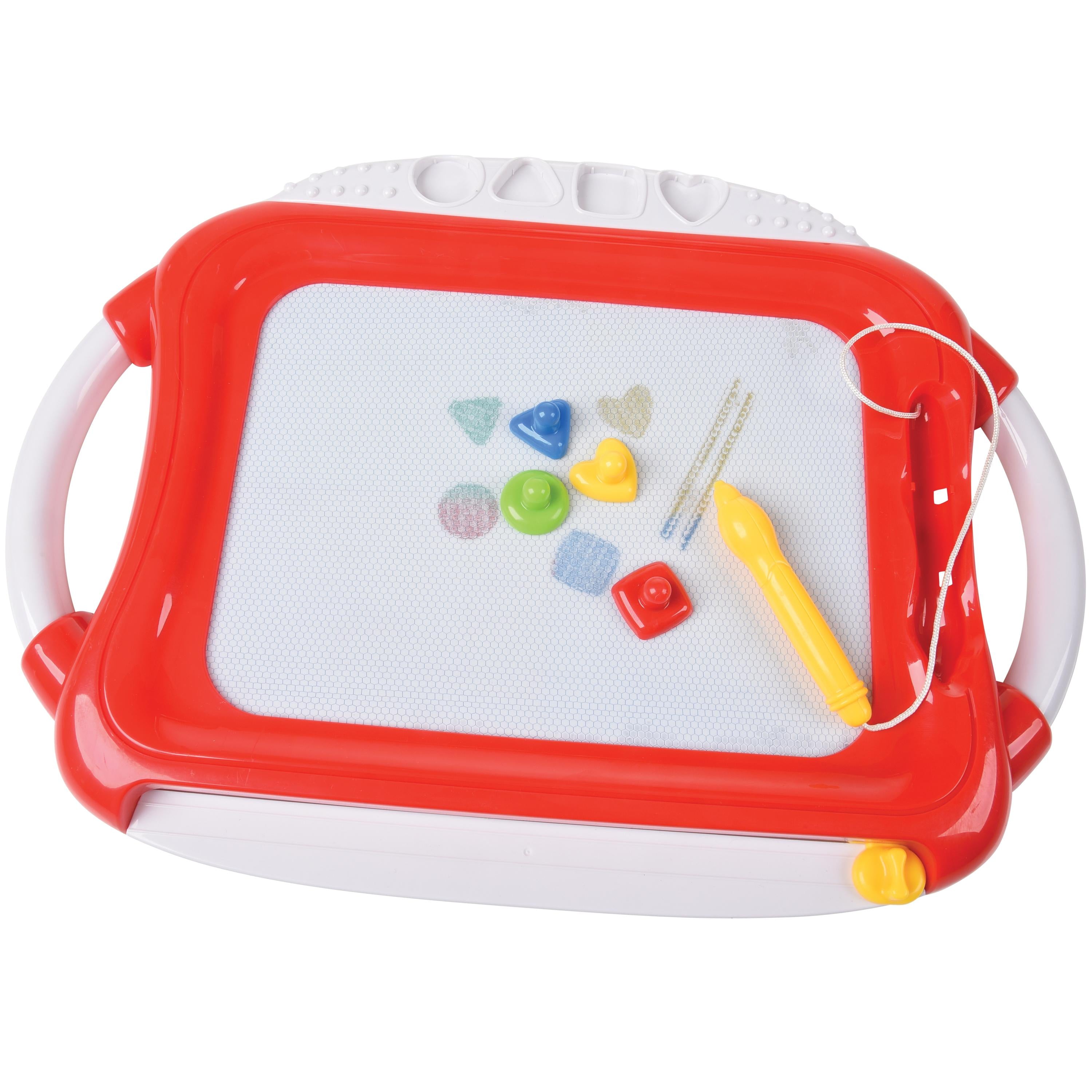 Children's magnetic drawing board with colorful magnets and a pen on a white background