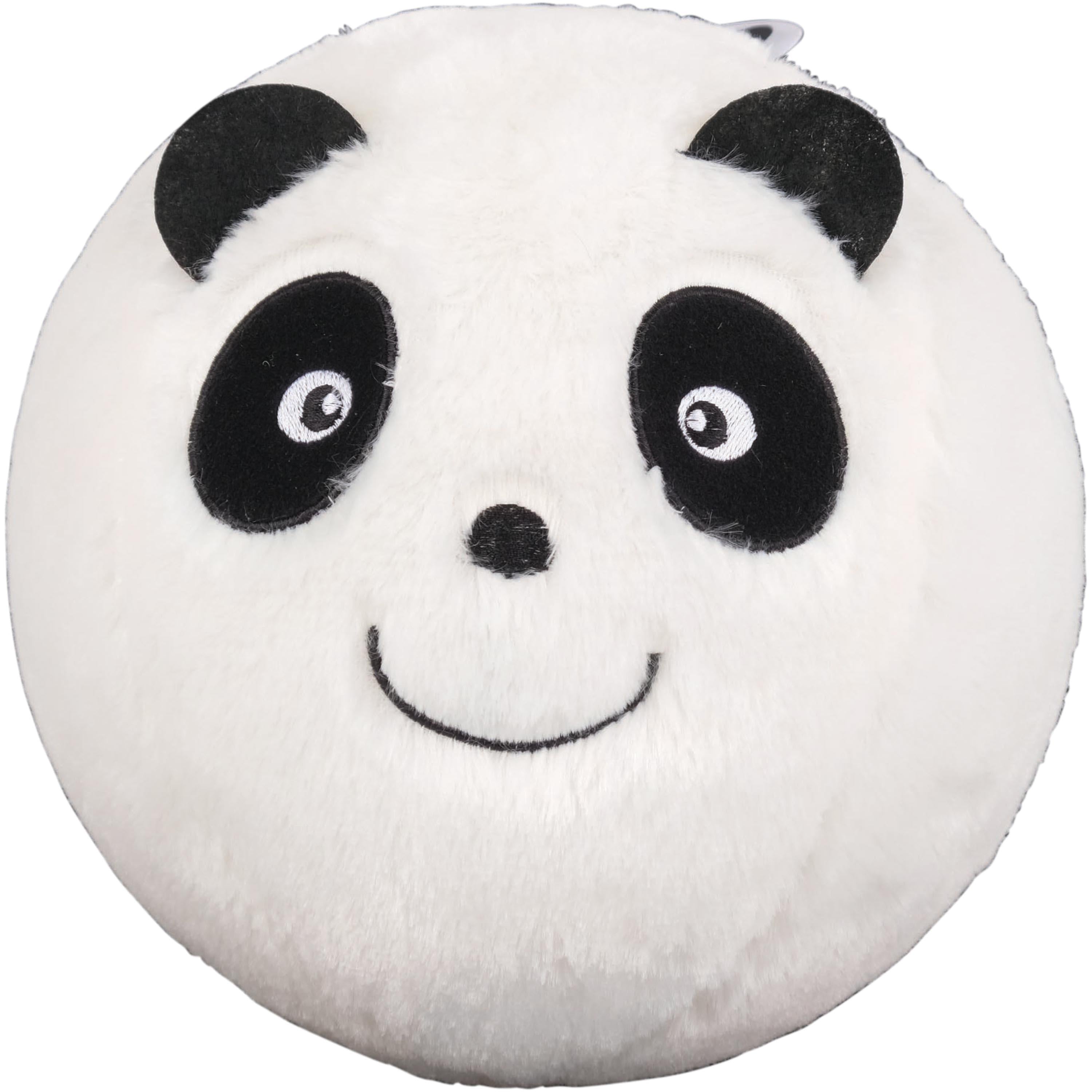 A round white plush toy with a panda face, featuring black embroidered eyes, ears, nose, and a curved smile on a plain white background.