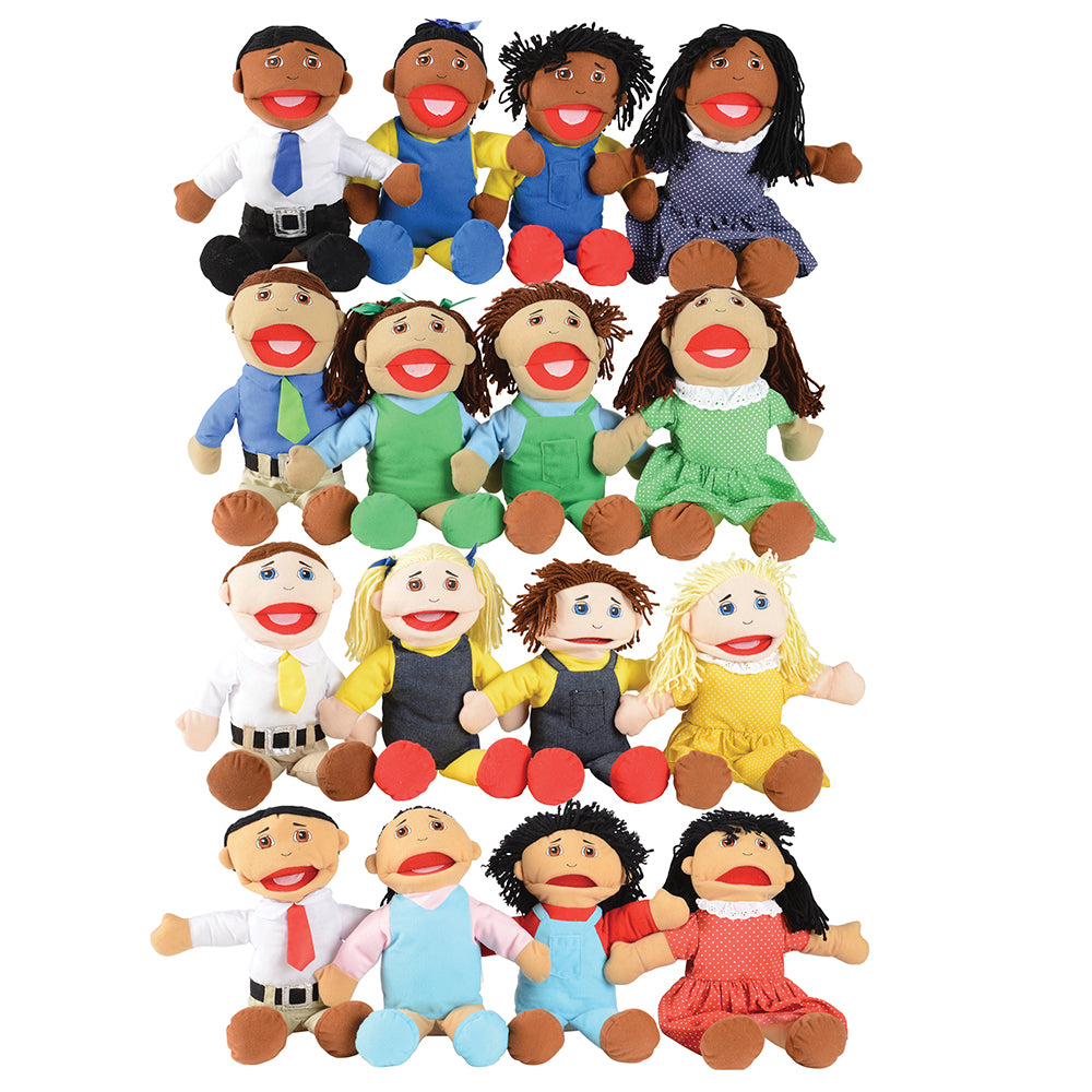 16-Piece Diverse Family Puppet Set | Full-Bodied Open Mouth Puppets