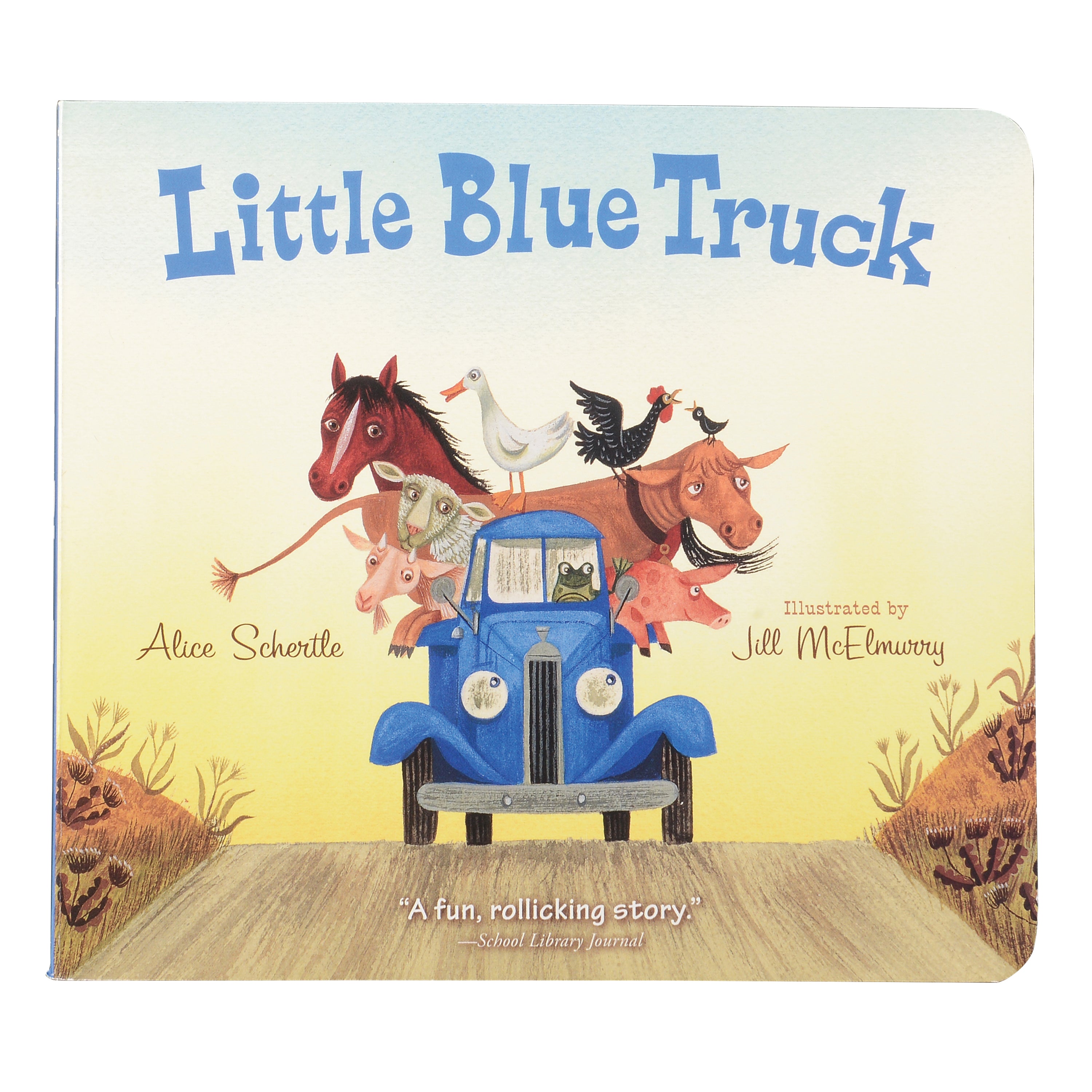 Book cover of 'Little Blue Truck' with a blue truck and animals on a yellow background